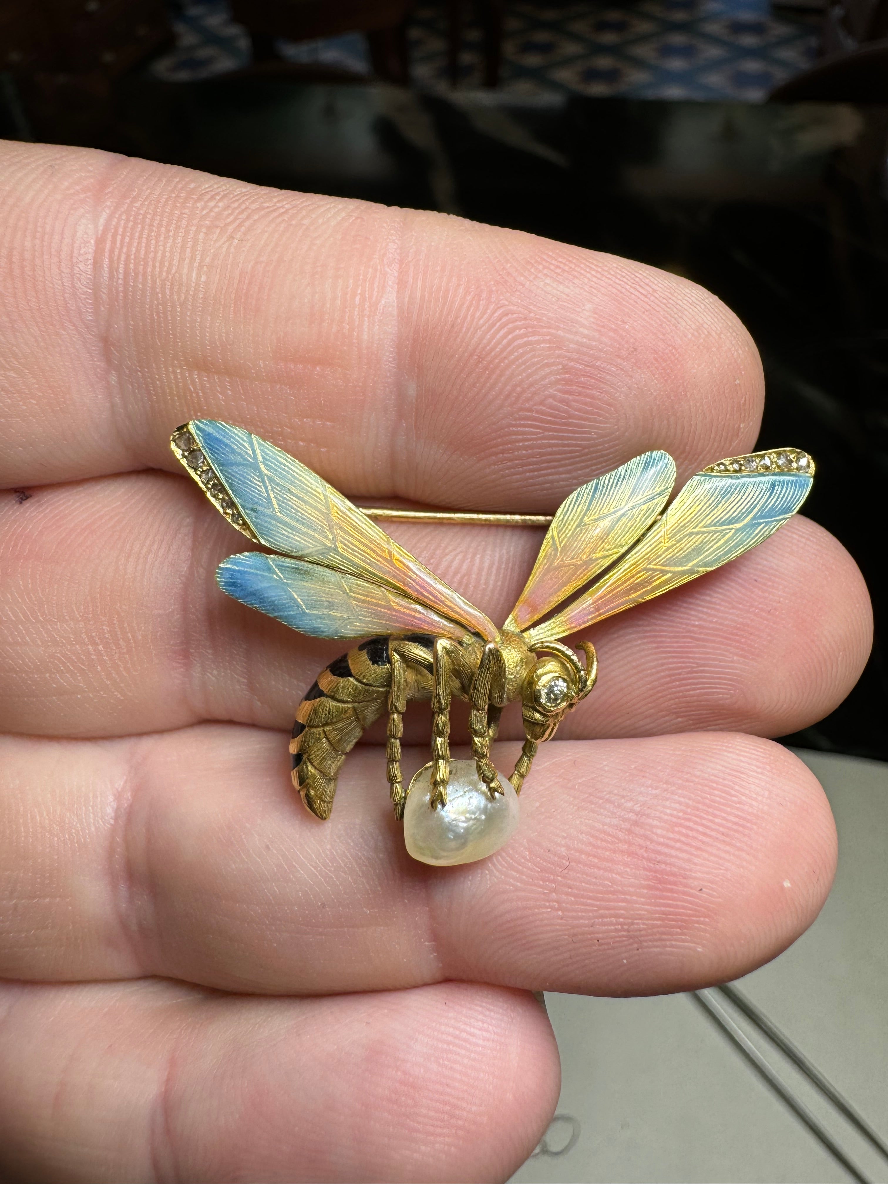 18k Yellow Gold, Enamel Diamond & Natural Pearl Wasp or Hornet Brooch