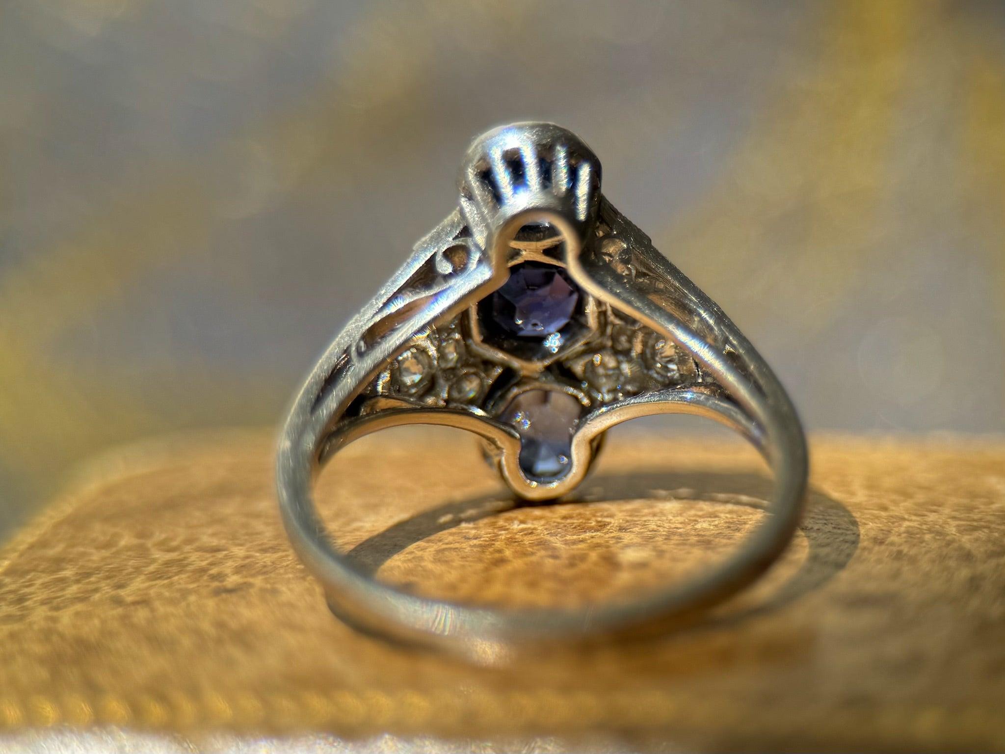 Edwardian Three Stone Yogo Gulch Montana Sapphire & Diamond Ring