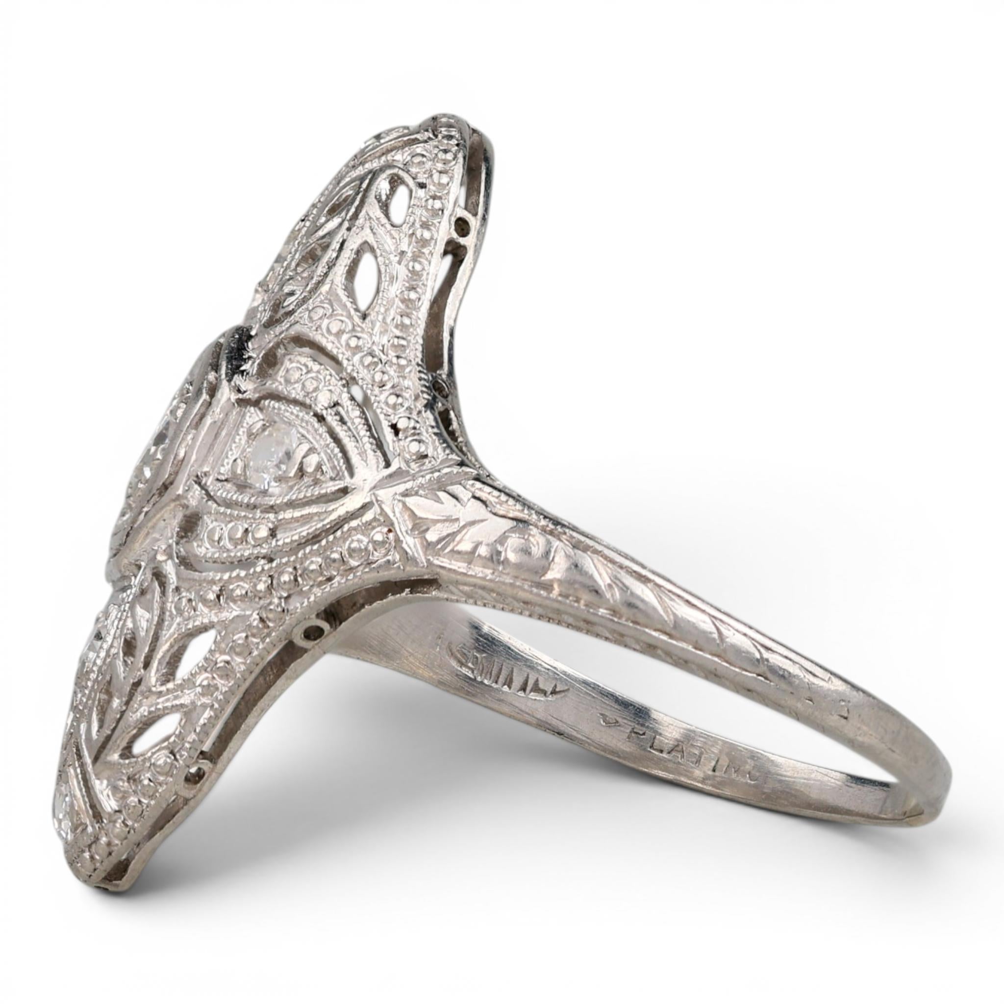 Edwardian Platinum Filigree Diamond Navette Ring