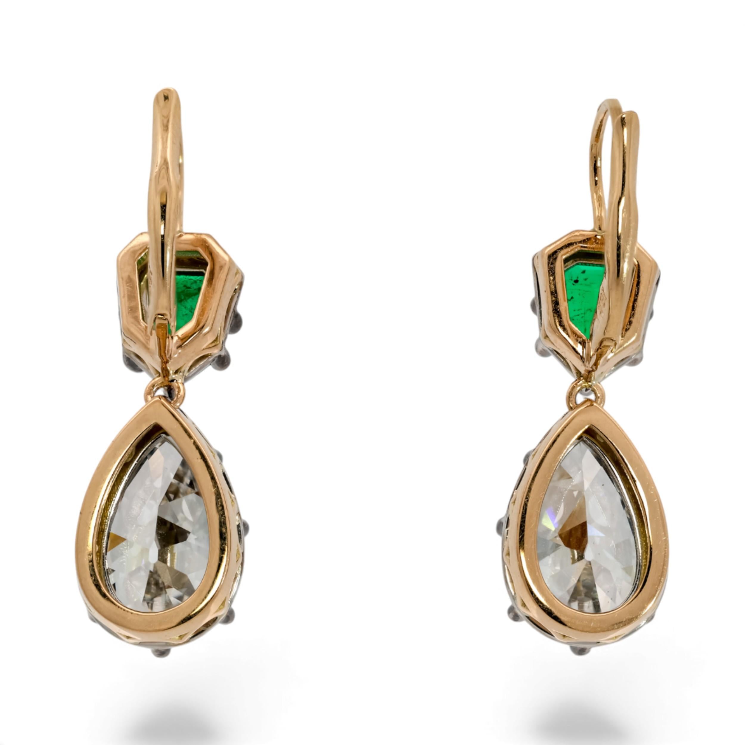 M & Co. Emerald and Diamond Drop Earrings with Two-Tone Metal Design