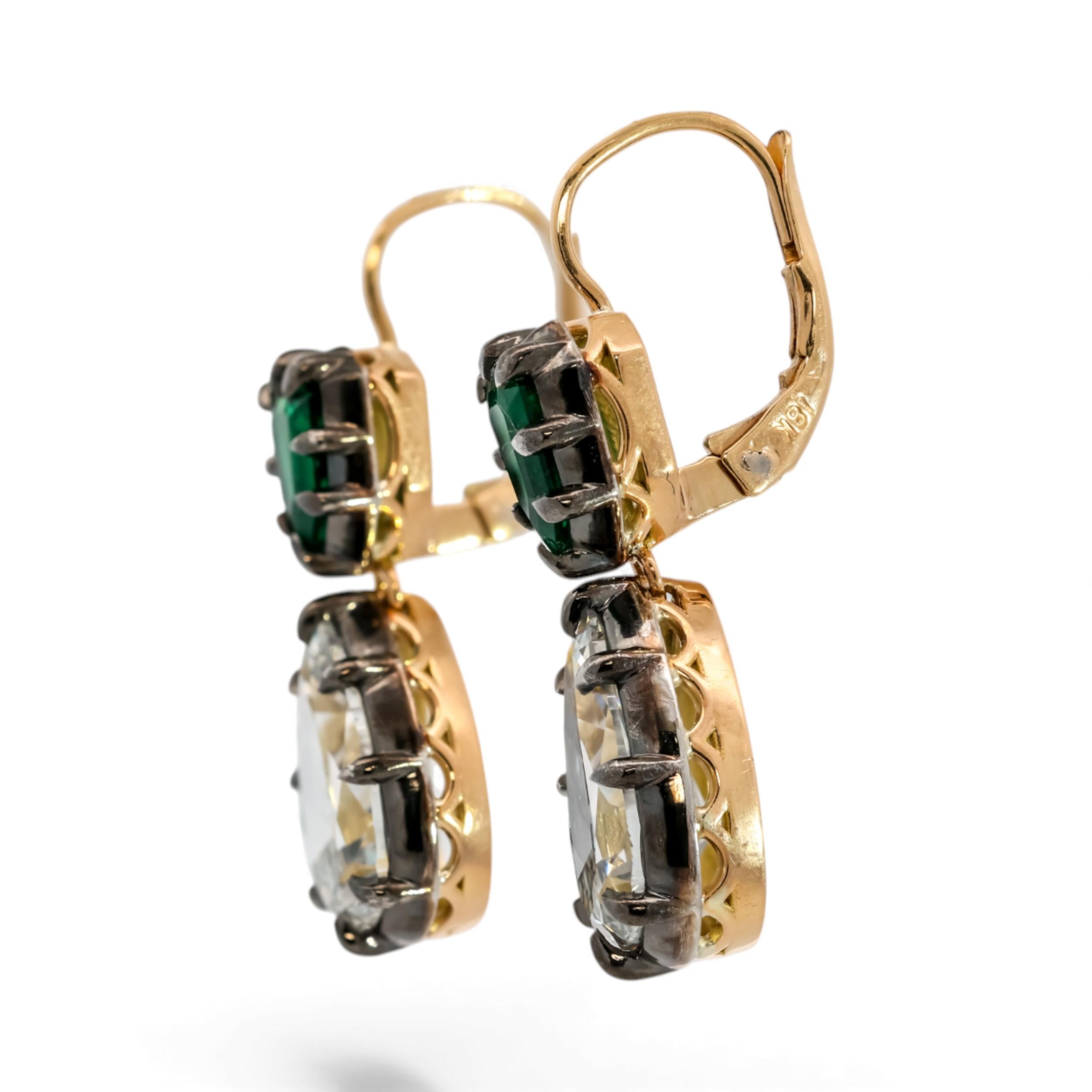 M & Co. Emerald and Diamond Drop Earrings with Two-Tone Metal Design