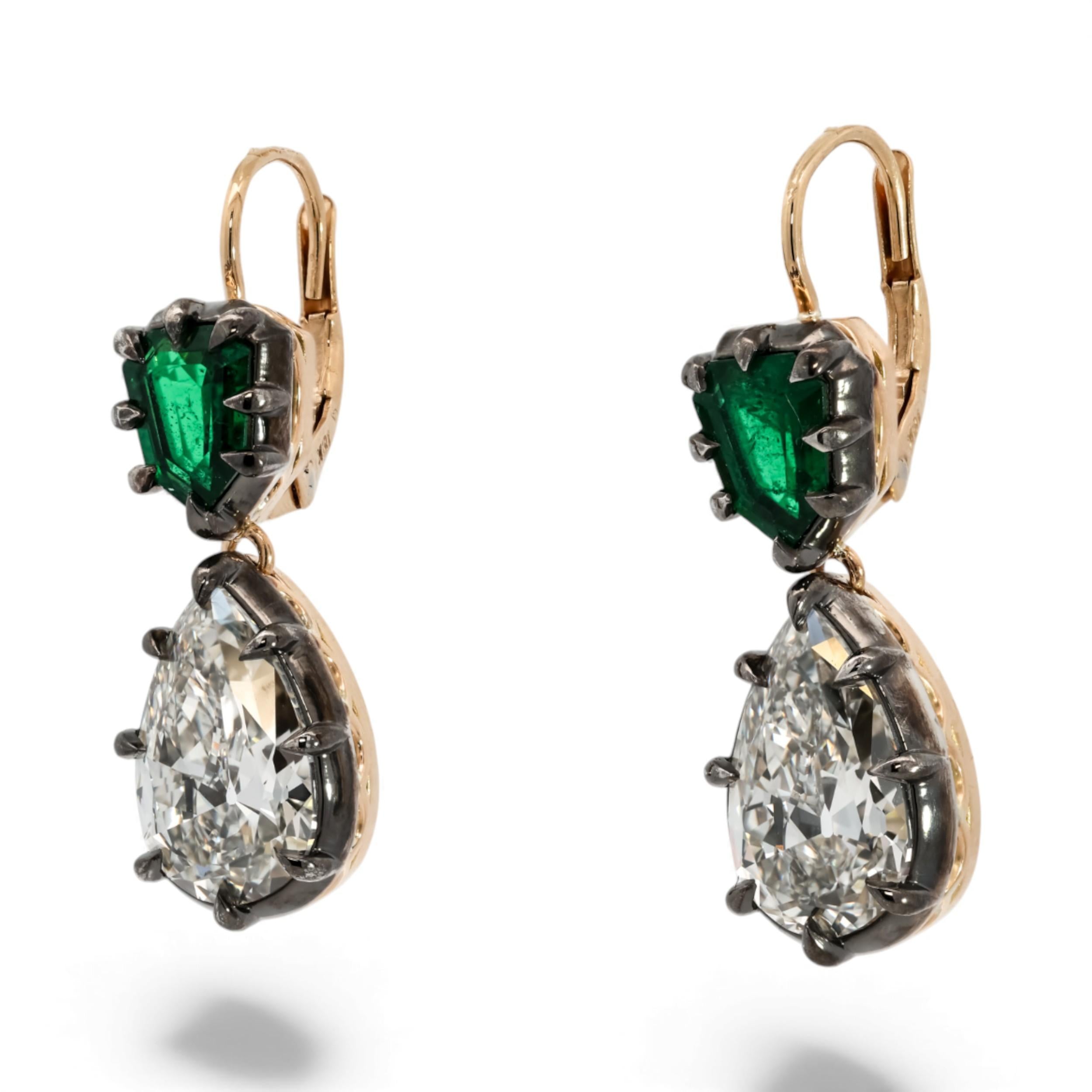 M & Co. Emerald and Diamond Drop Earrings with Two-Tone Metal Design