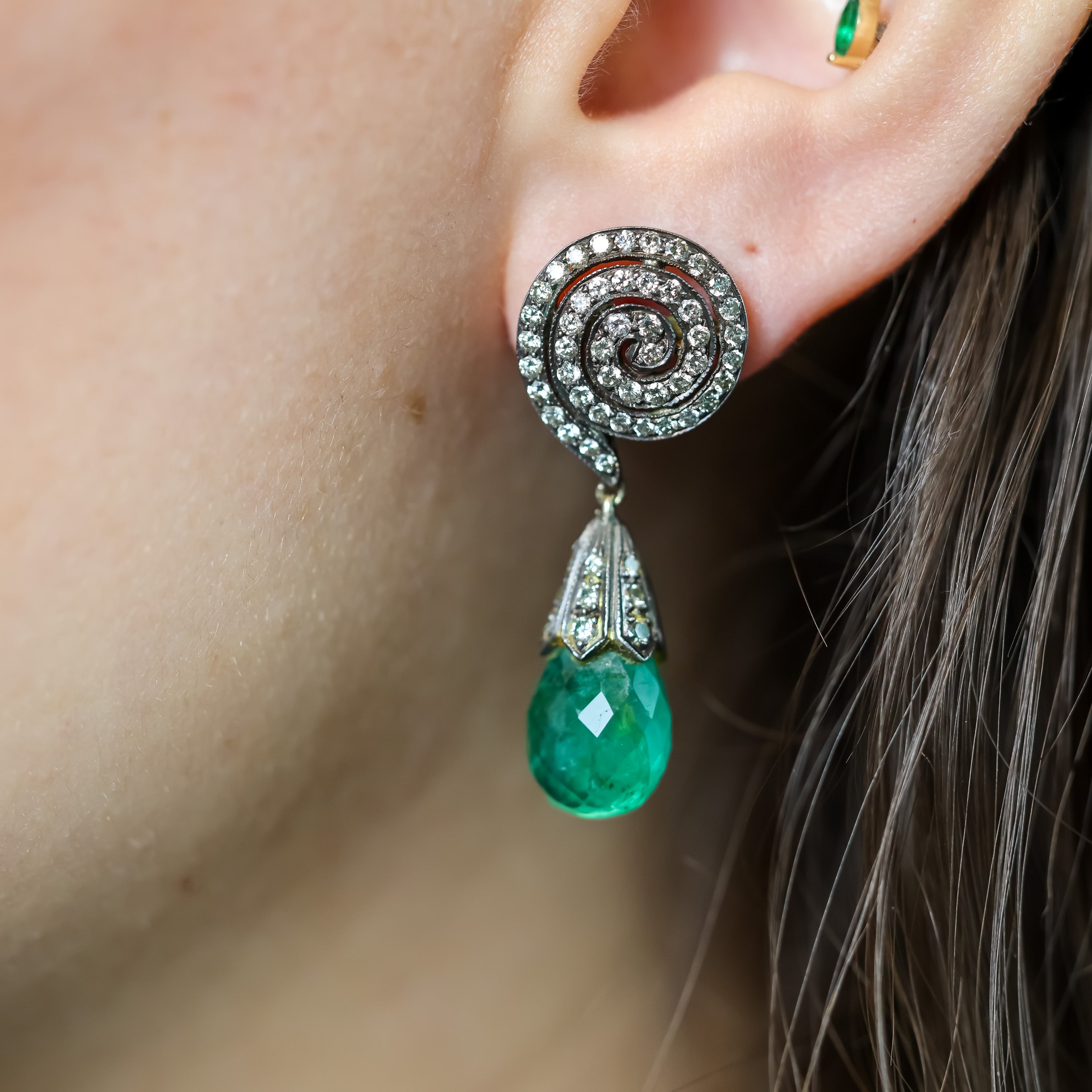 18K Sterling Silver Emerald Briolette Spiral Earrings
