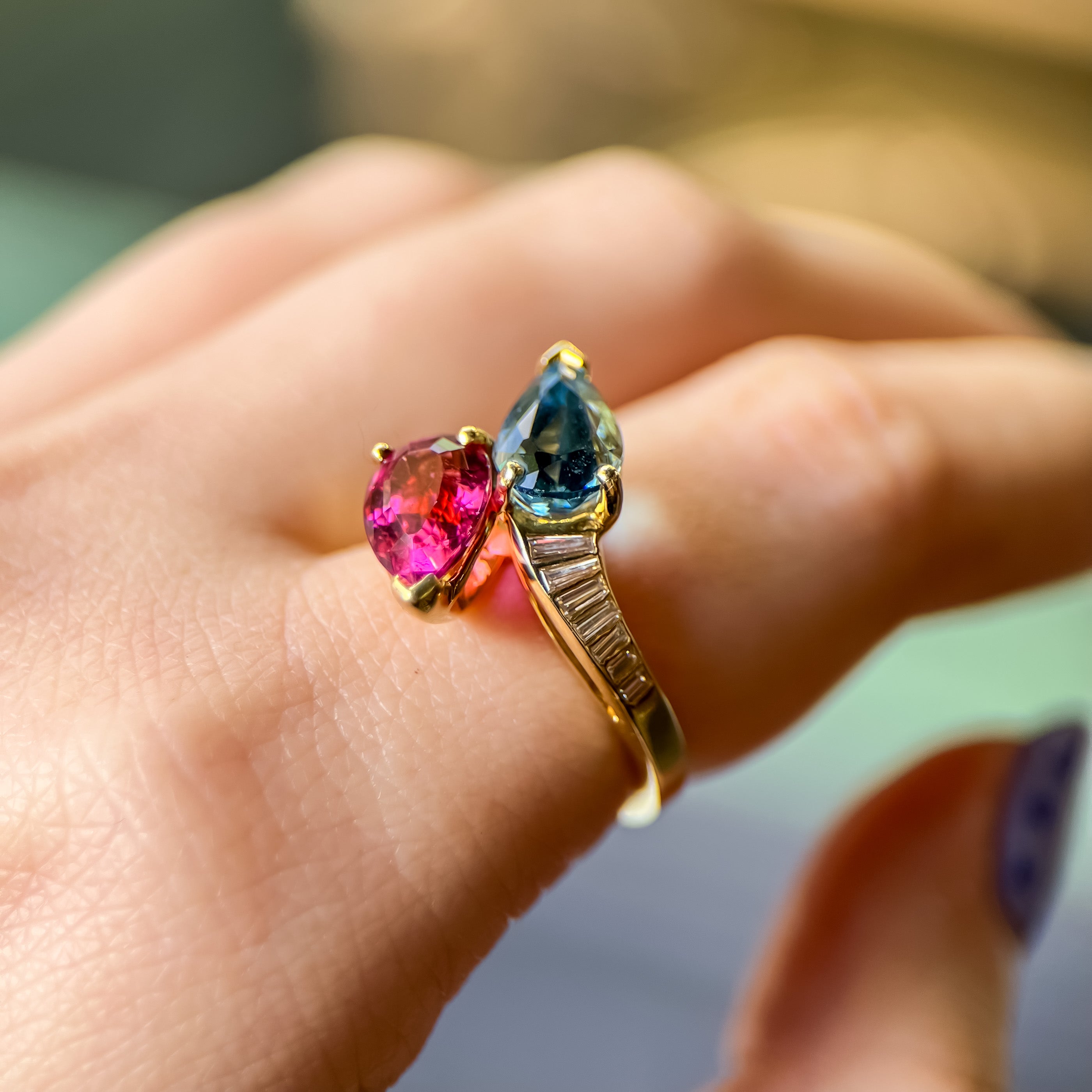 Vintage Pink Tourmaline, Aquamarine & Natural Diamond Bypass Ring