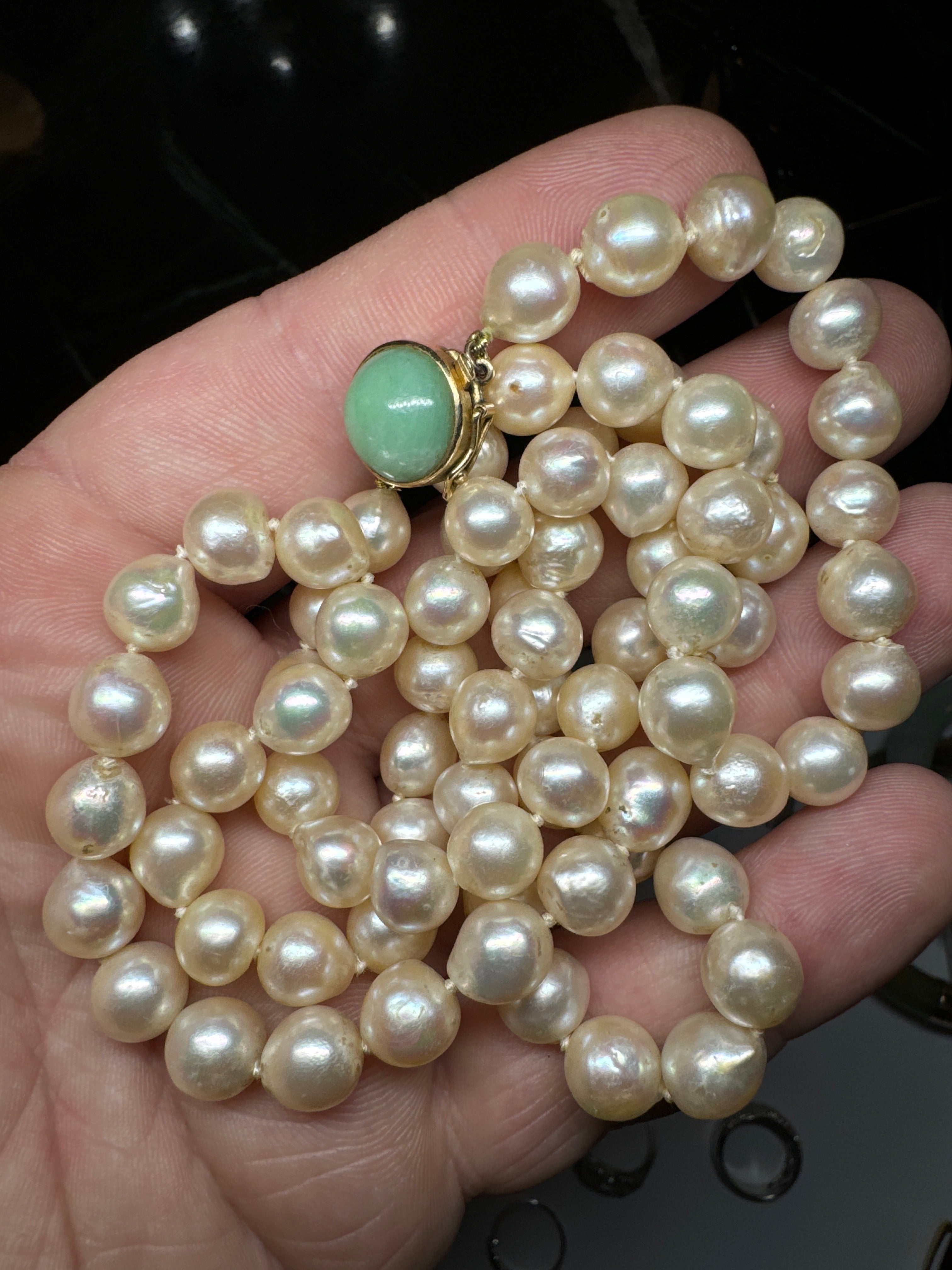 Gump’s 14k Jadeite Clasp w/ cultured pearl strand 28”