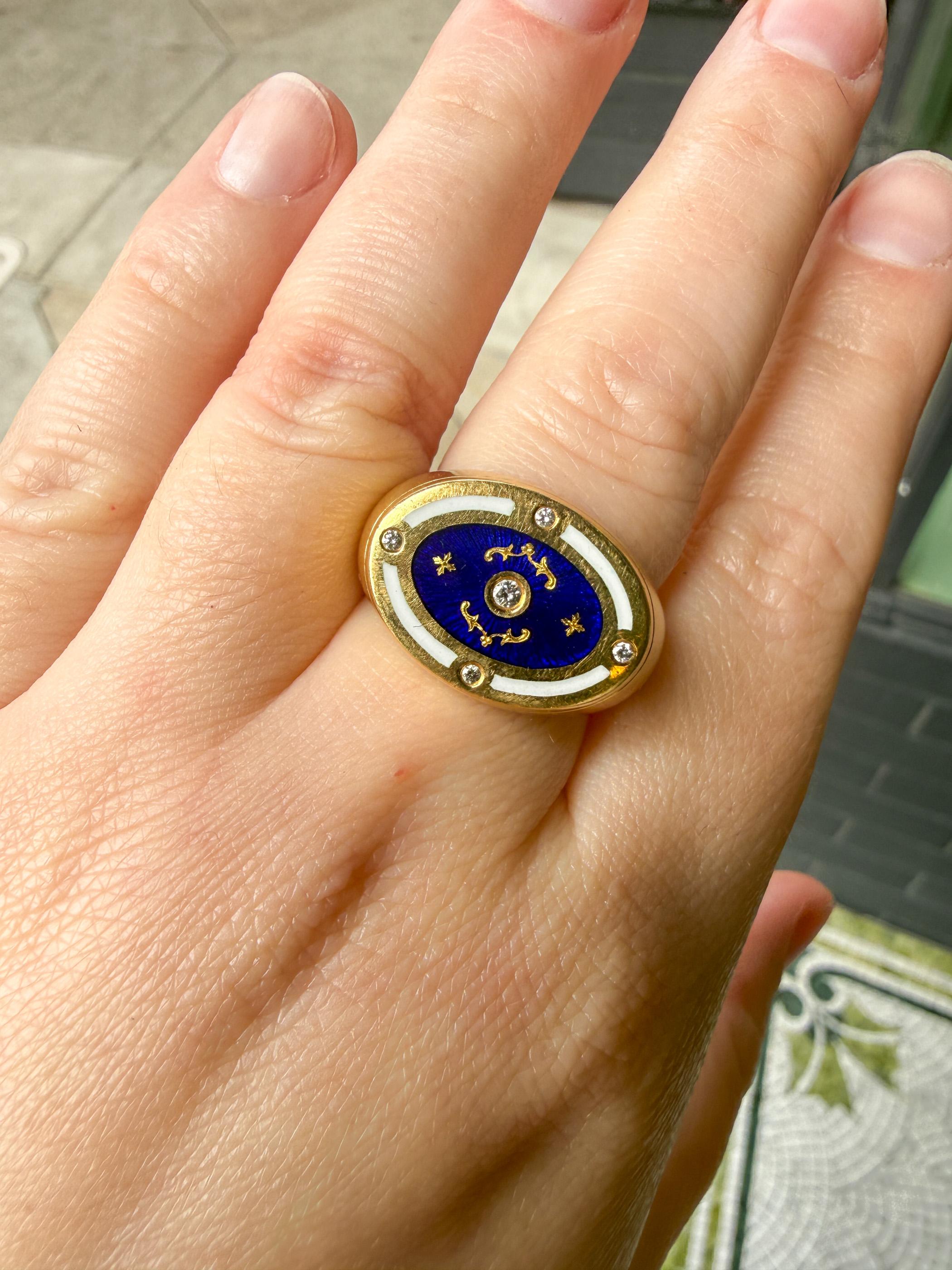 Modern Fabergé 18K Enamel & Diamond Signet Ring
