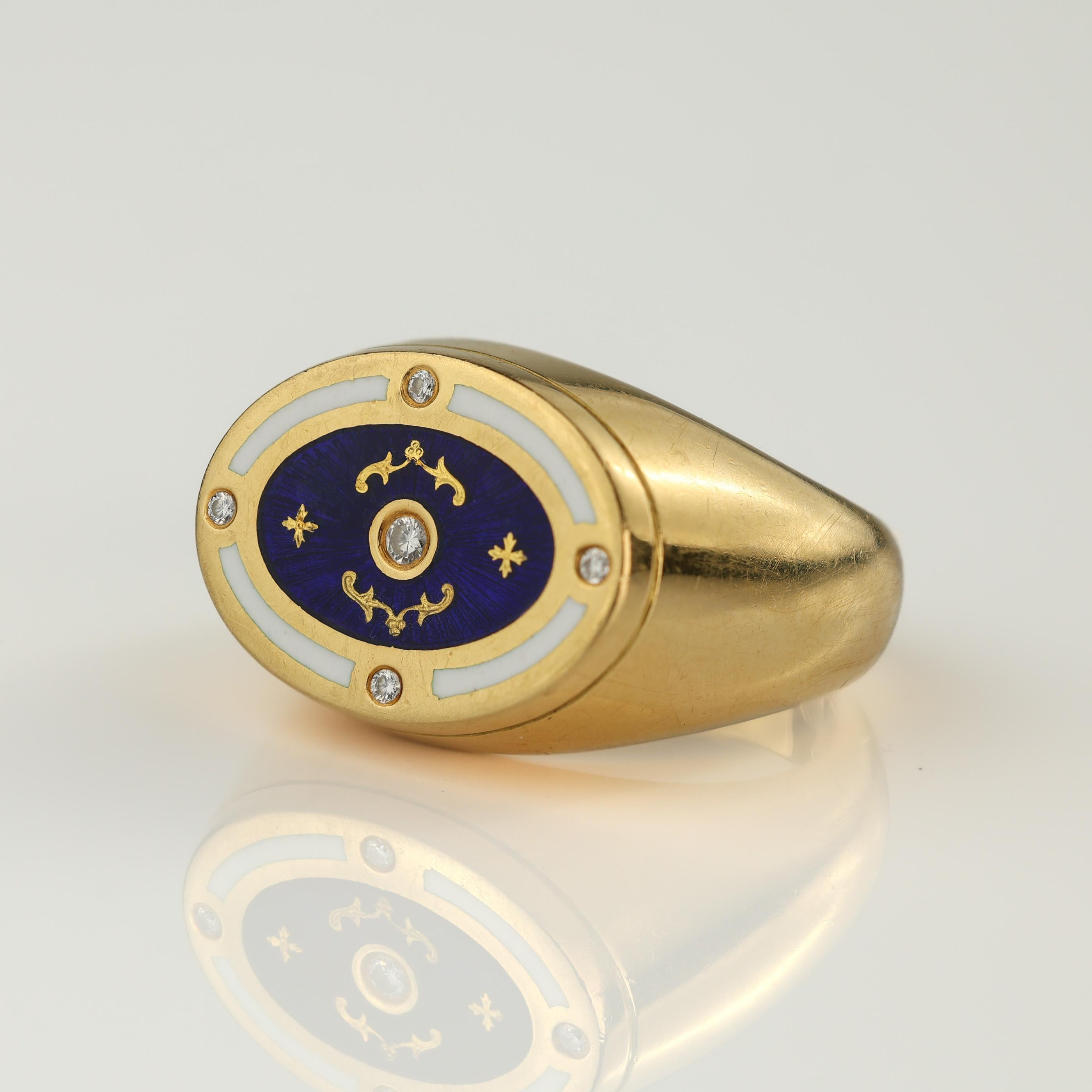Modern Fabergé 18K Enamel & Diamond Signet Ring