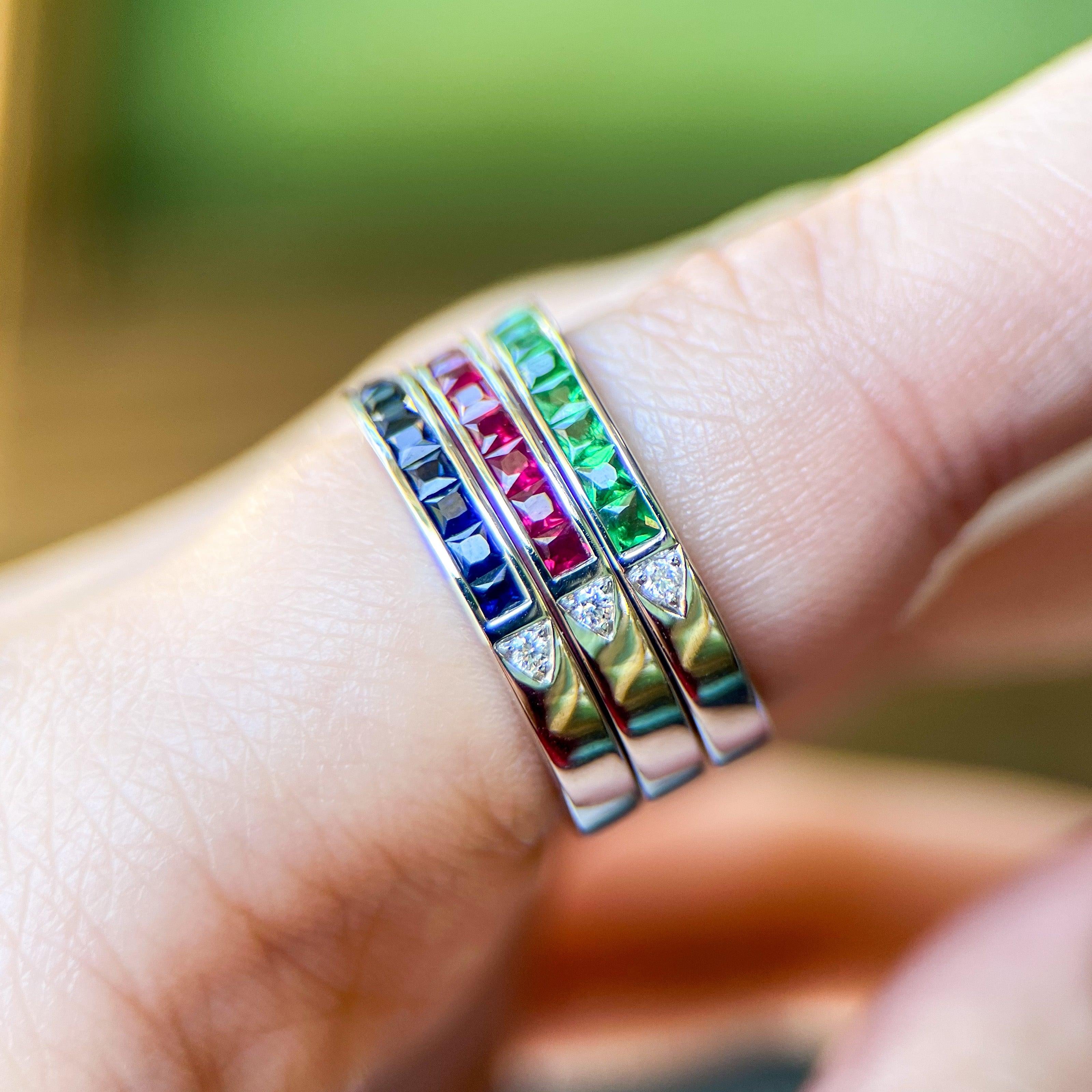 French Cut Gemstone & Diamond Half Eternity Bands