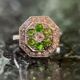 Edwardian Platinum Demantoid Garnet (0.8cttw) & Diamond (0.40cttw) Hexagonal Ring Sz 7