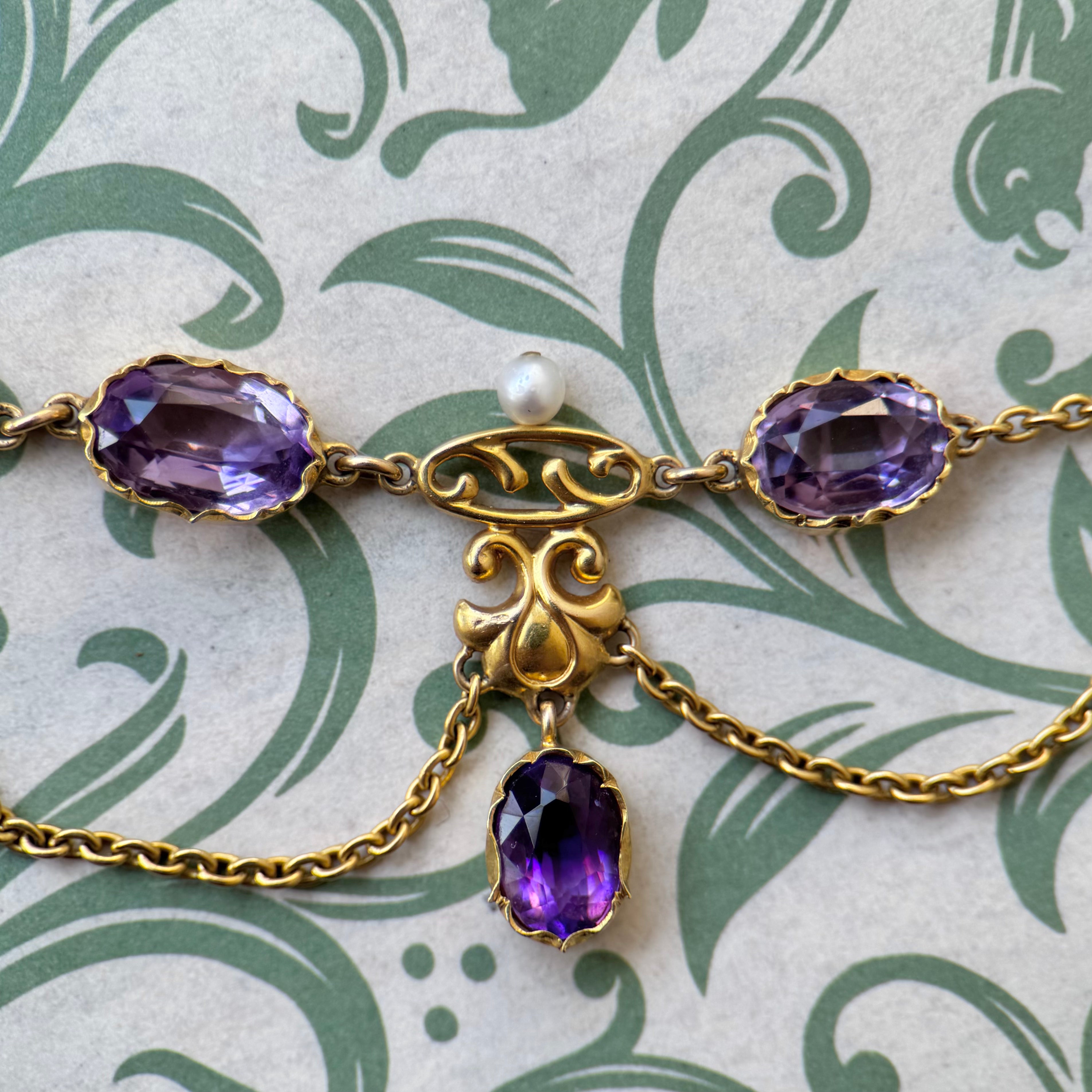 Victorian 15k Amethyst and Cultured Pearl Festoon Necklace