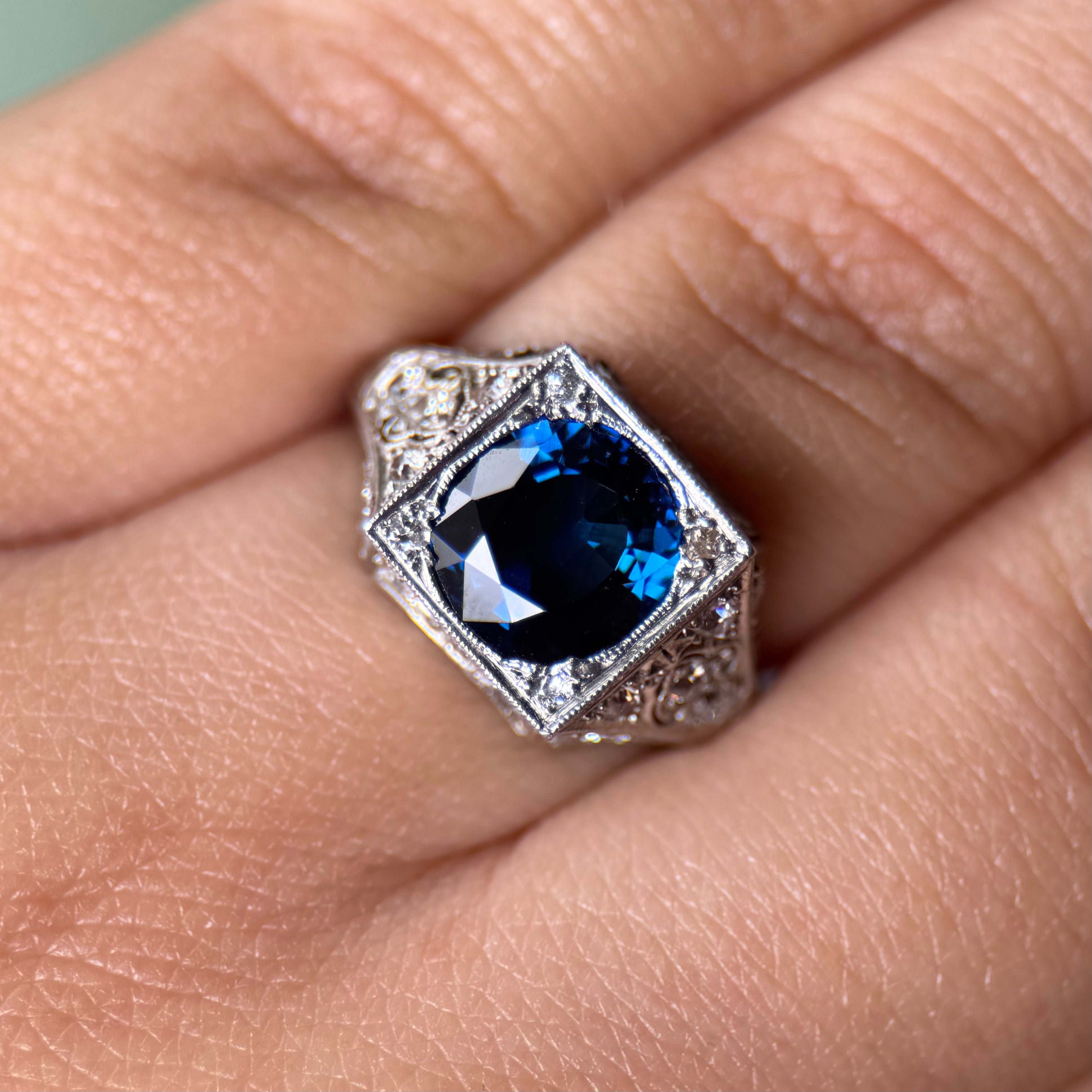 Platinum Royal Blue Heated (4ct) Round Sapphire & Diamond (0.50cttw) Ring Sz 8