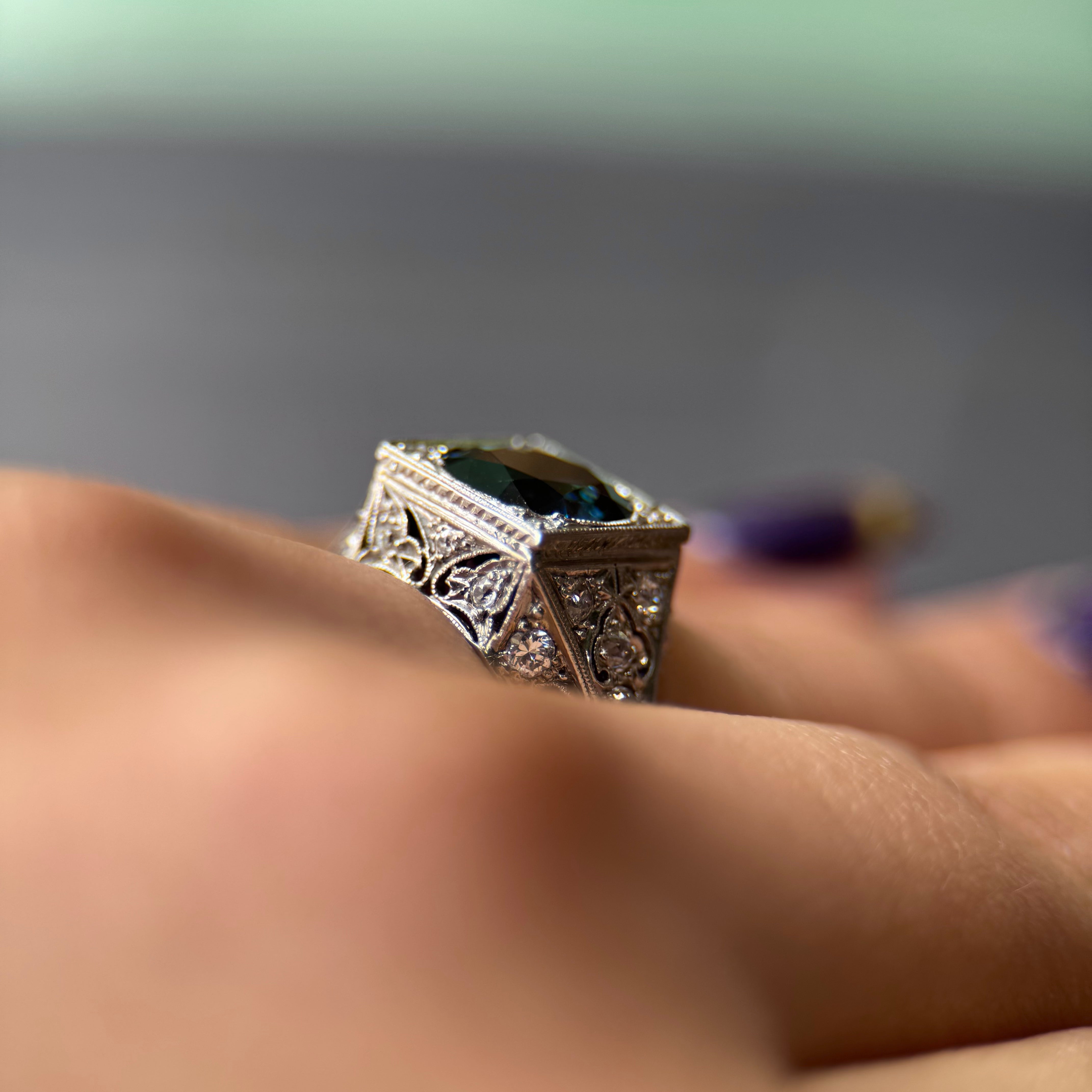 Platinum Royal Blue Heated (4ct) Round Sapphire & Diamond (0.50cttw) Ring Sz 8