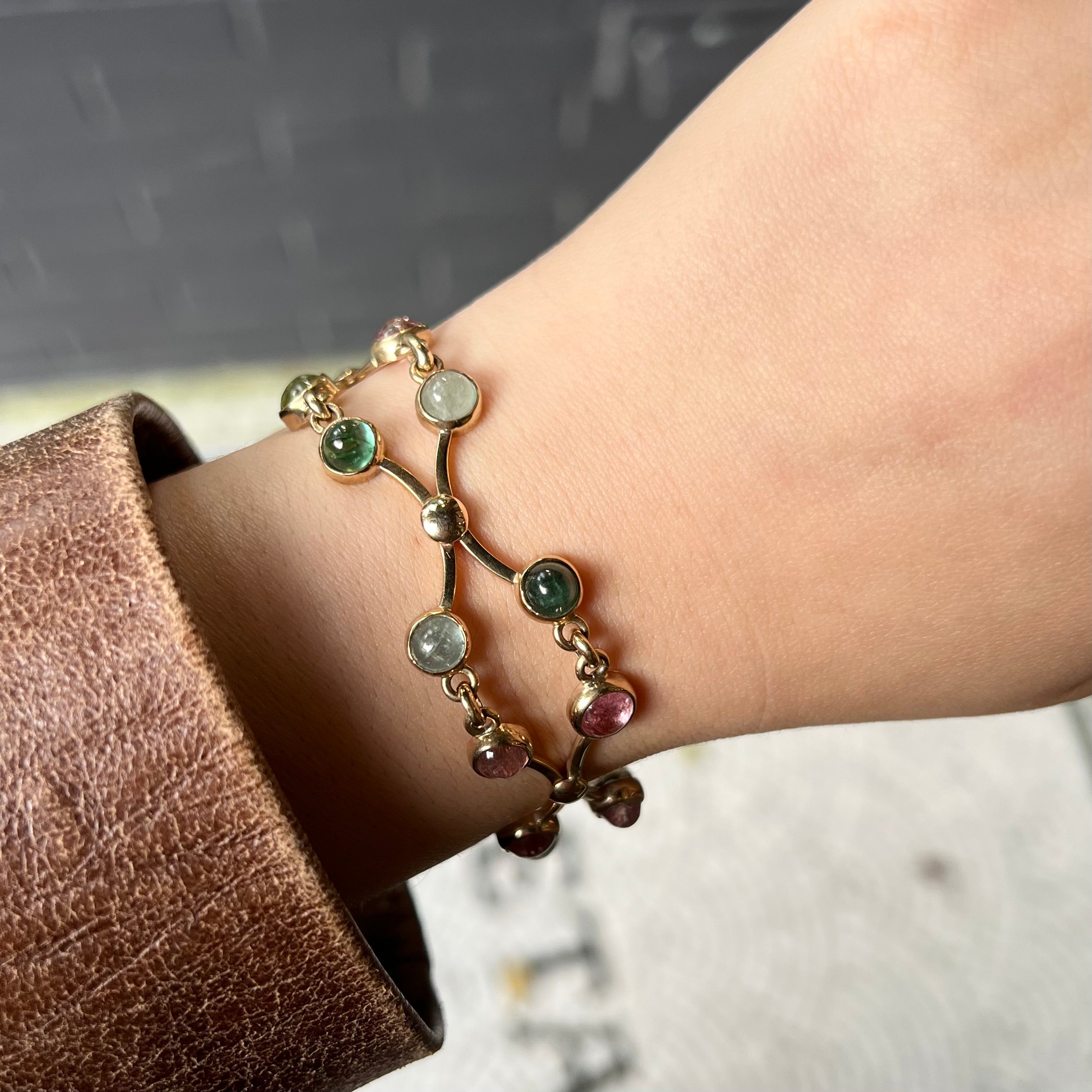 Vintage Pink & Green Tourmaline Cabochon Bracelet