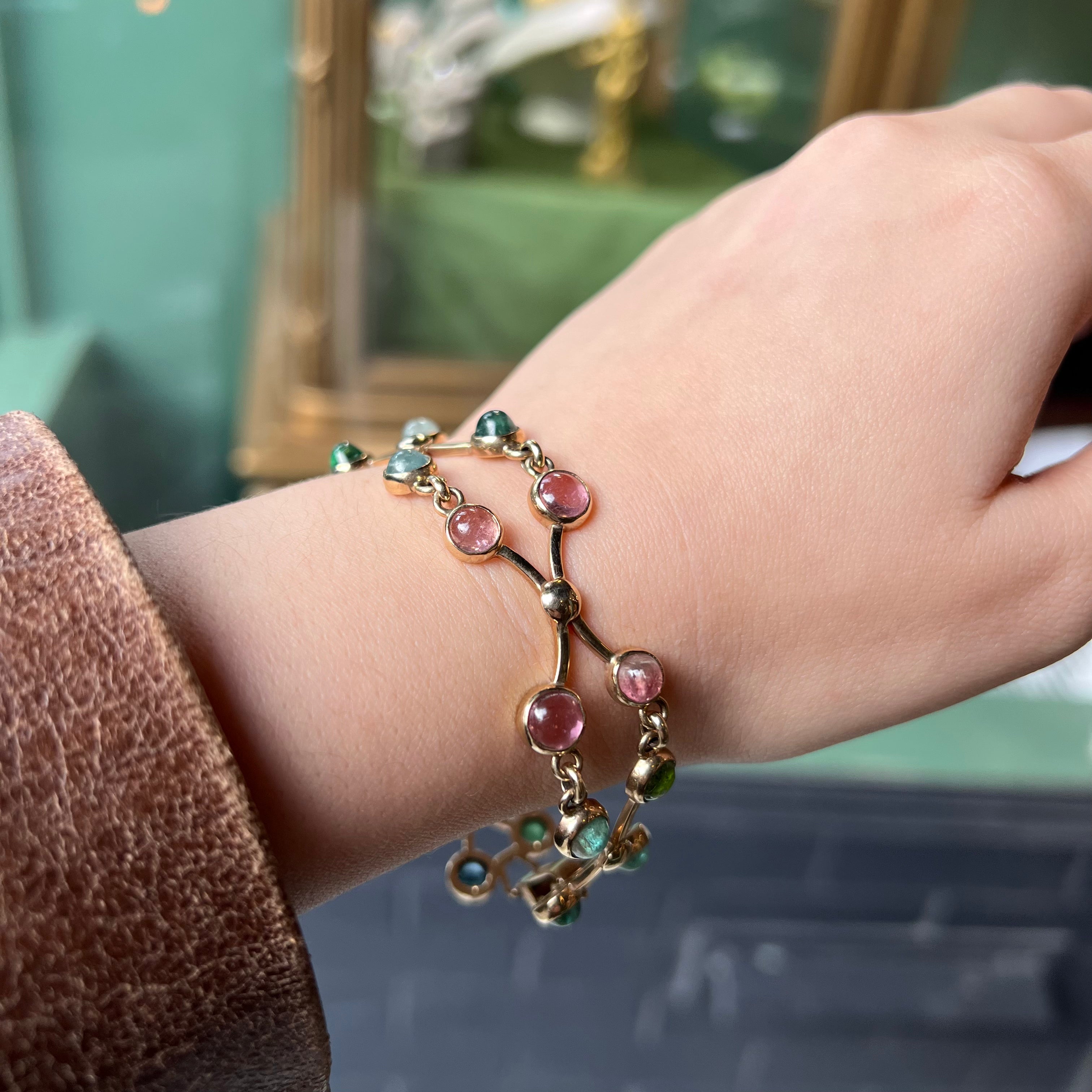 Vintage Pink & Green Tourmaline Cabochon Bracelet