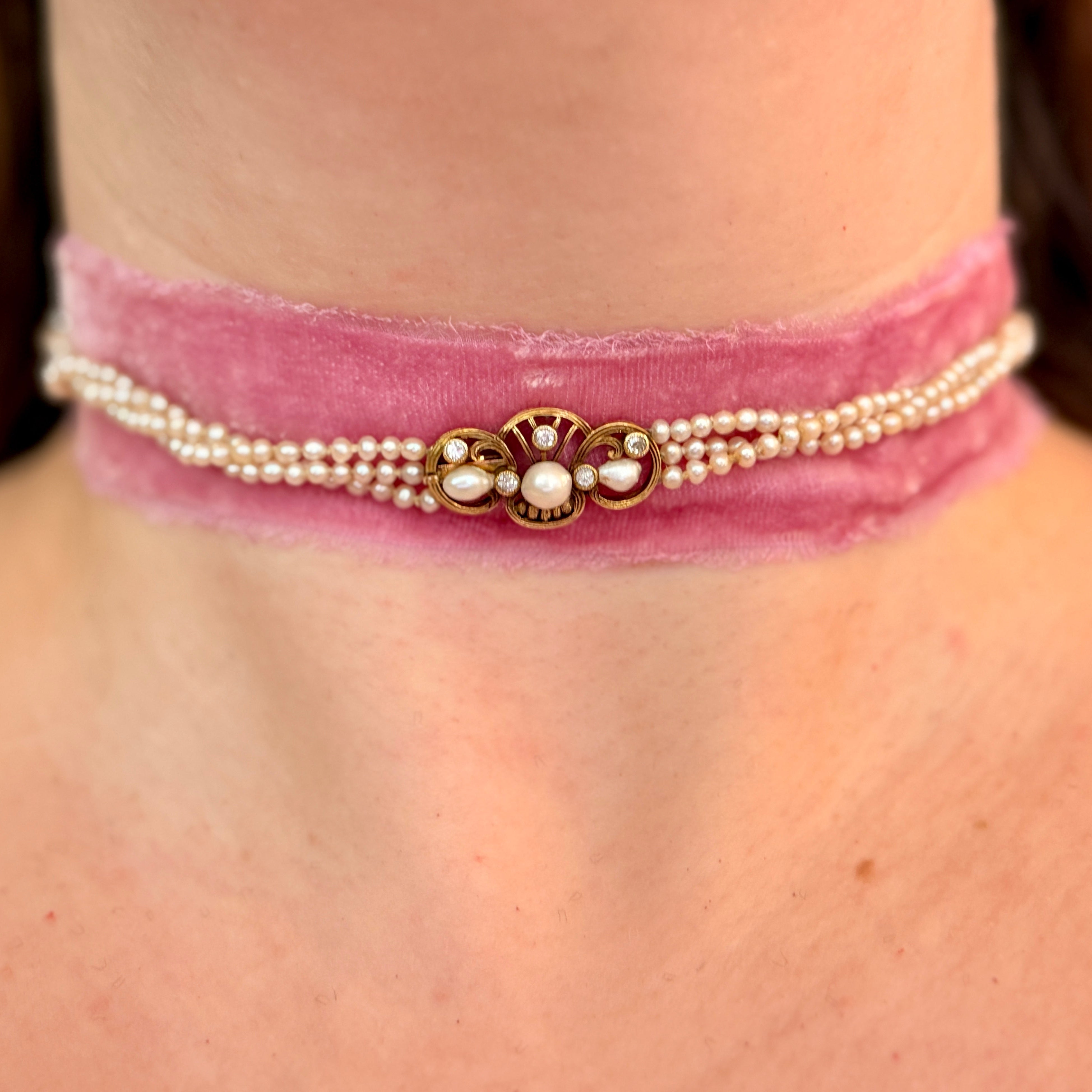 Art Nouveau 14k Gold Pearl Necklace with Diamonds