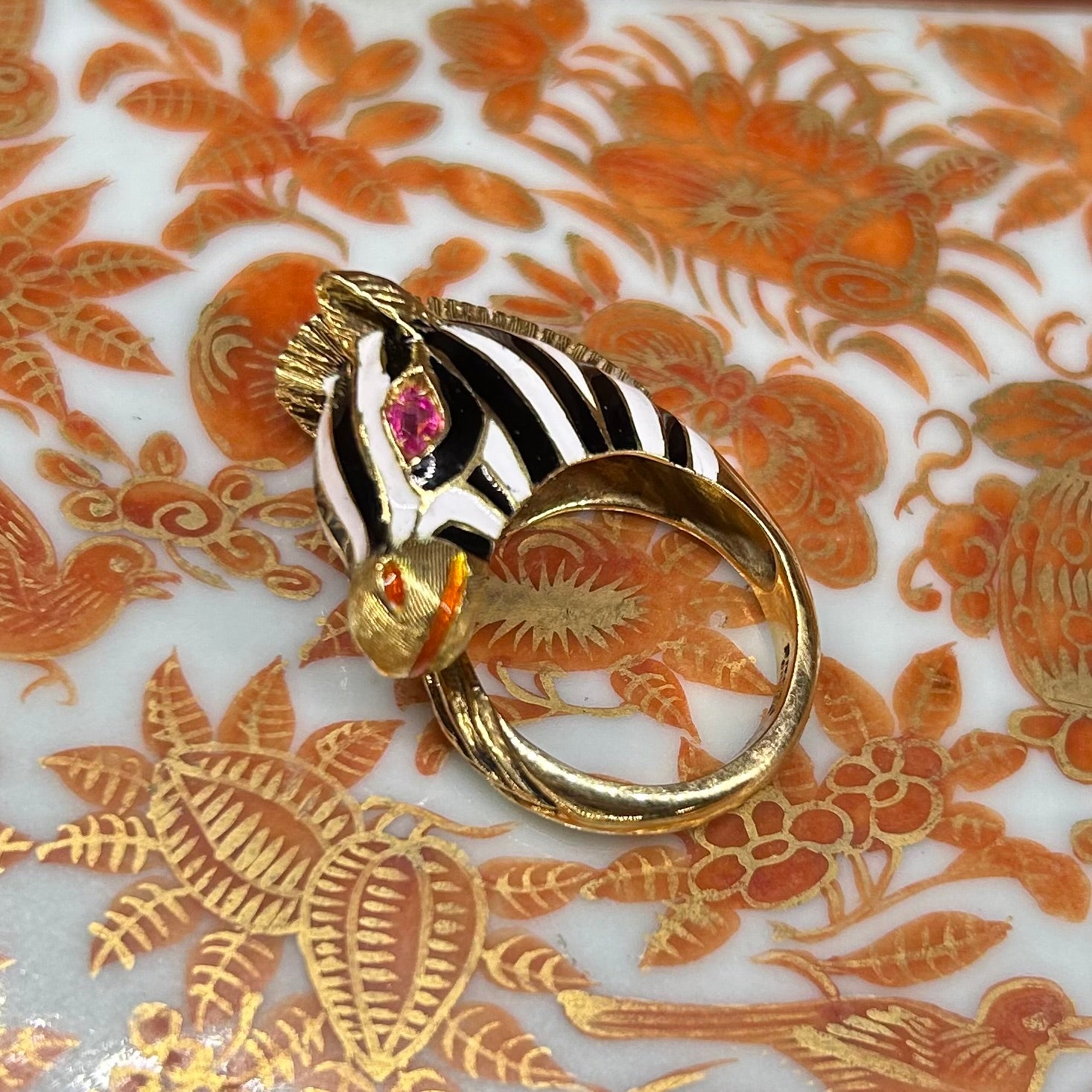 18k Yellow Gold Italian Enamel Zebra Ring w/ Ruby Eyes
