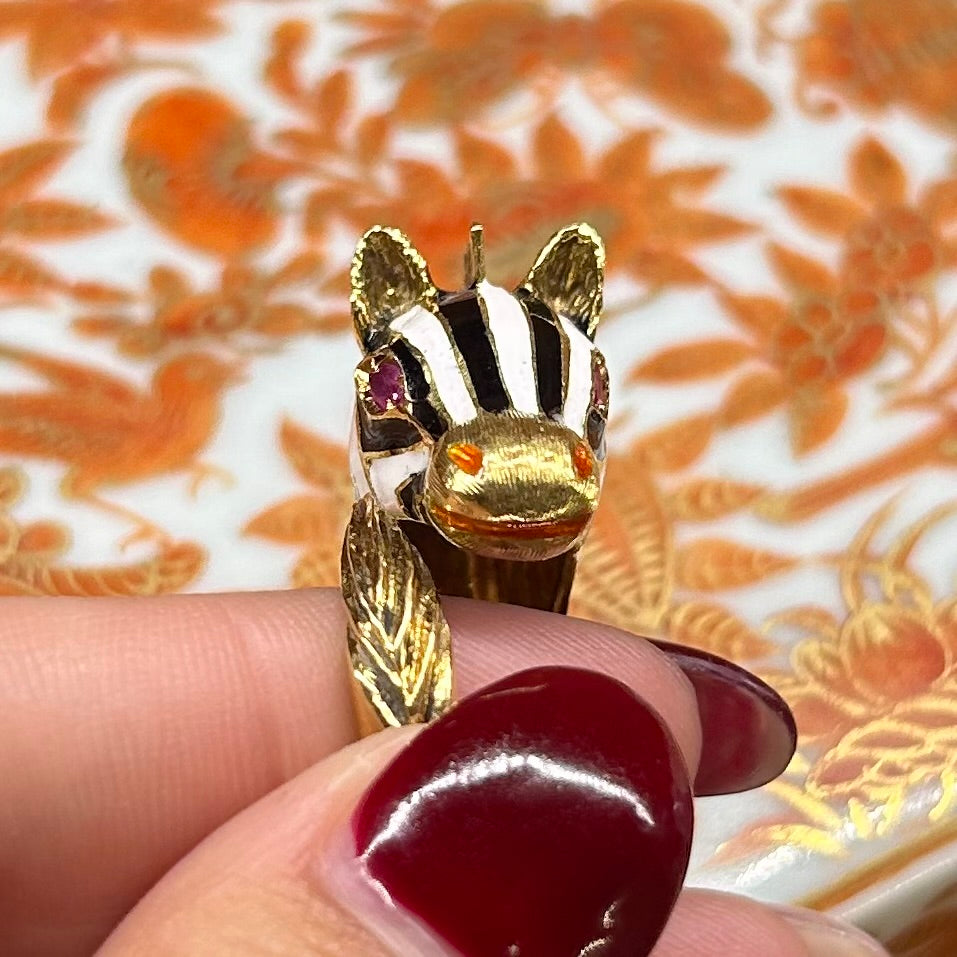 18k Yellow Gold Italian Enamel Zebra Ring w/ Ruby Eyes