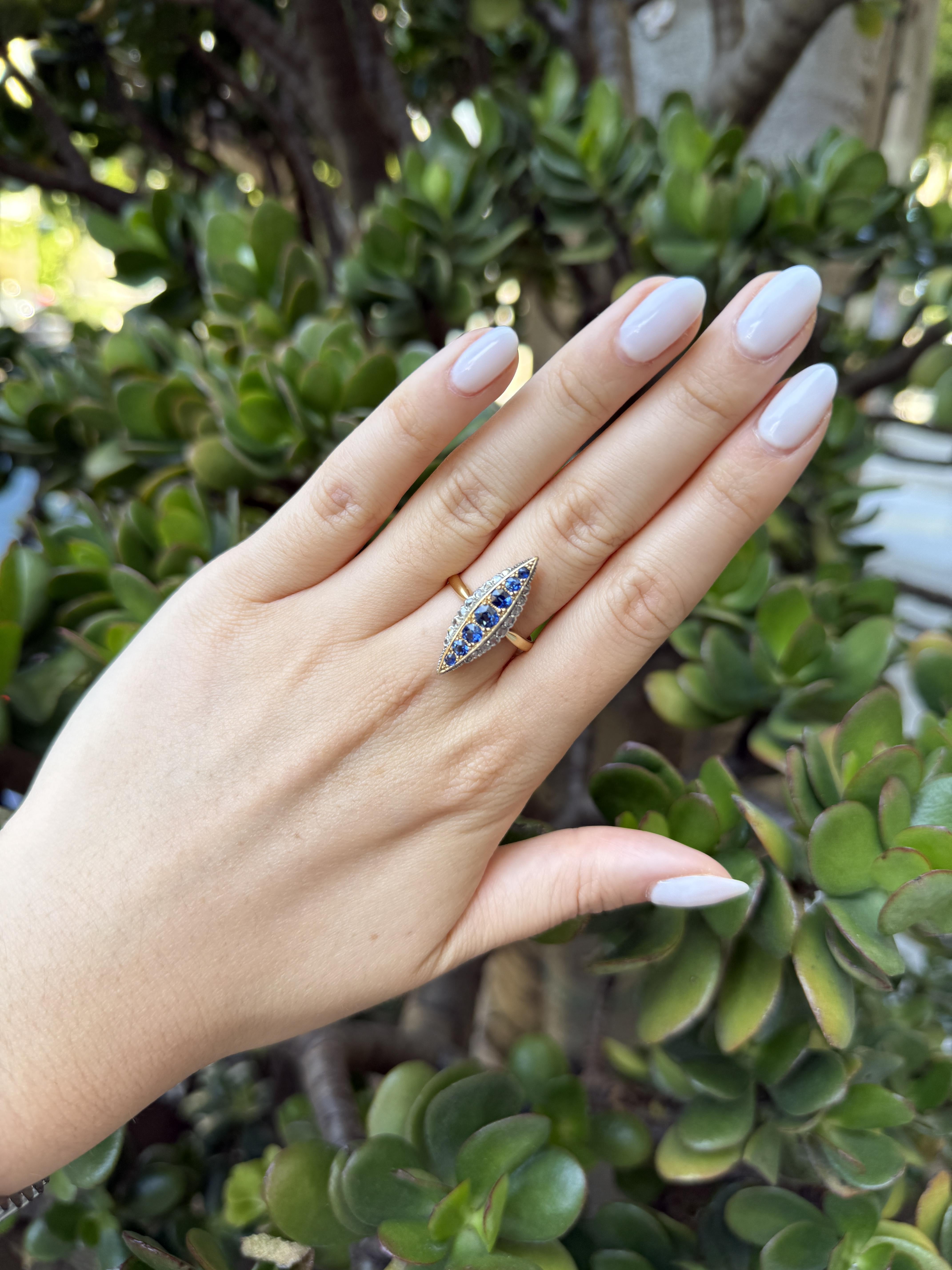 French Belle Epoque 18K Sapphire & Diamond Navette Ring