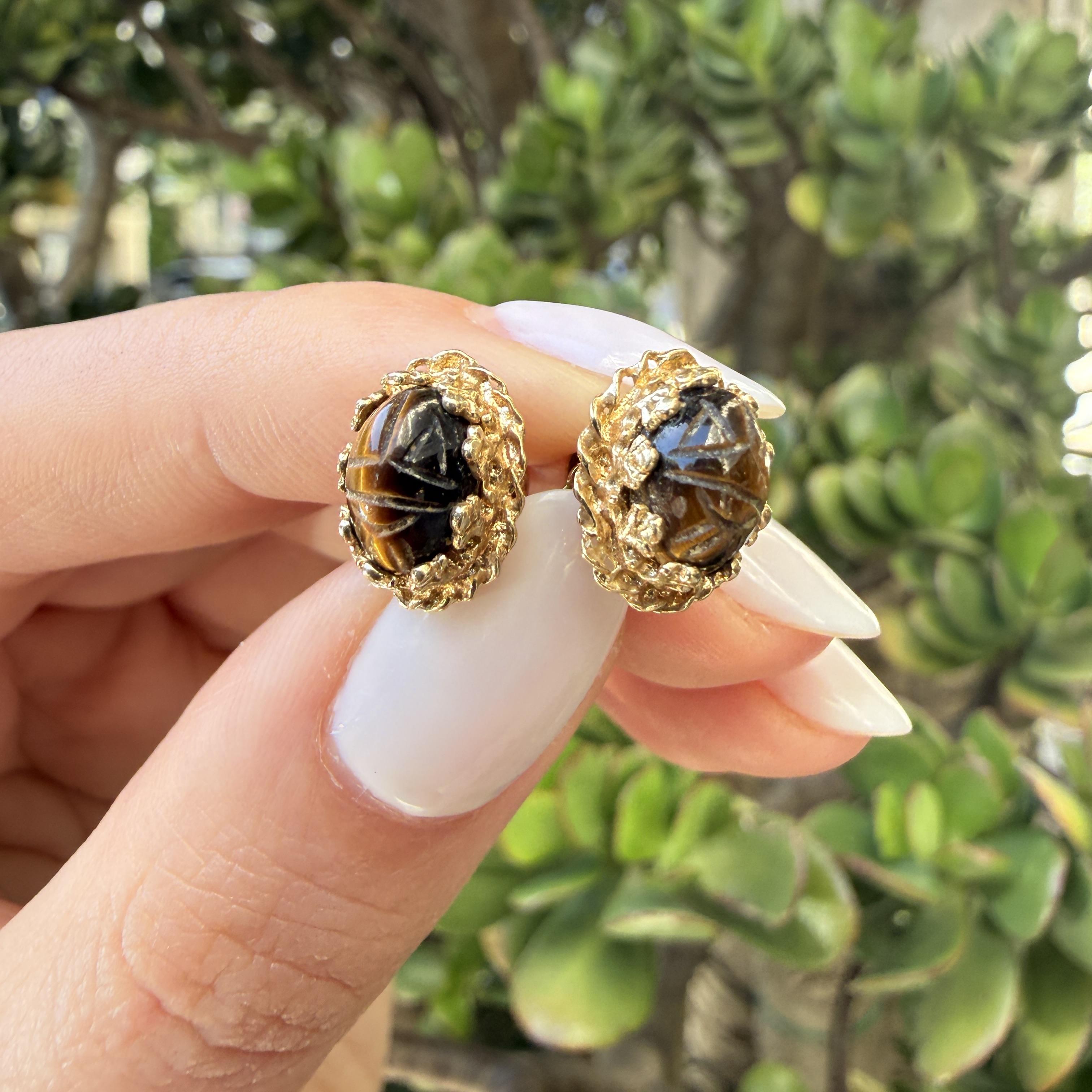 Vintage 14K Tiger Eye Scarab Earrings