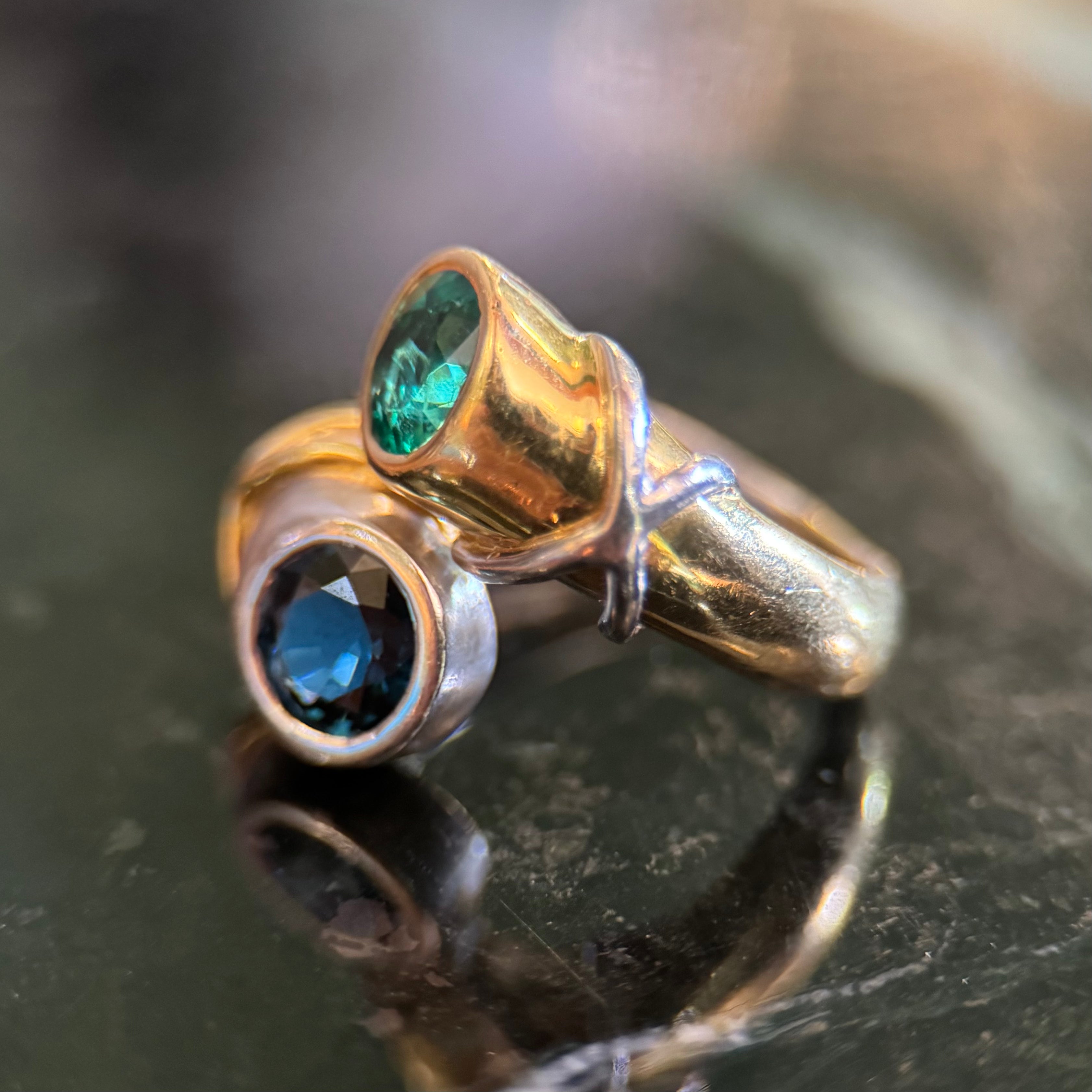 18k Yellow Gold & Platinum Emerald + Sapphire Bypass Ring