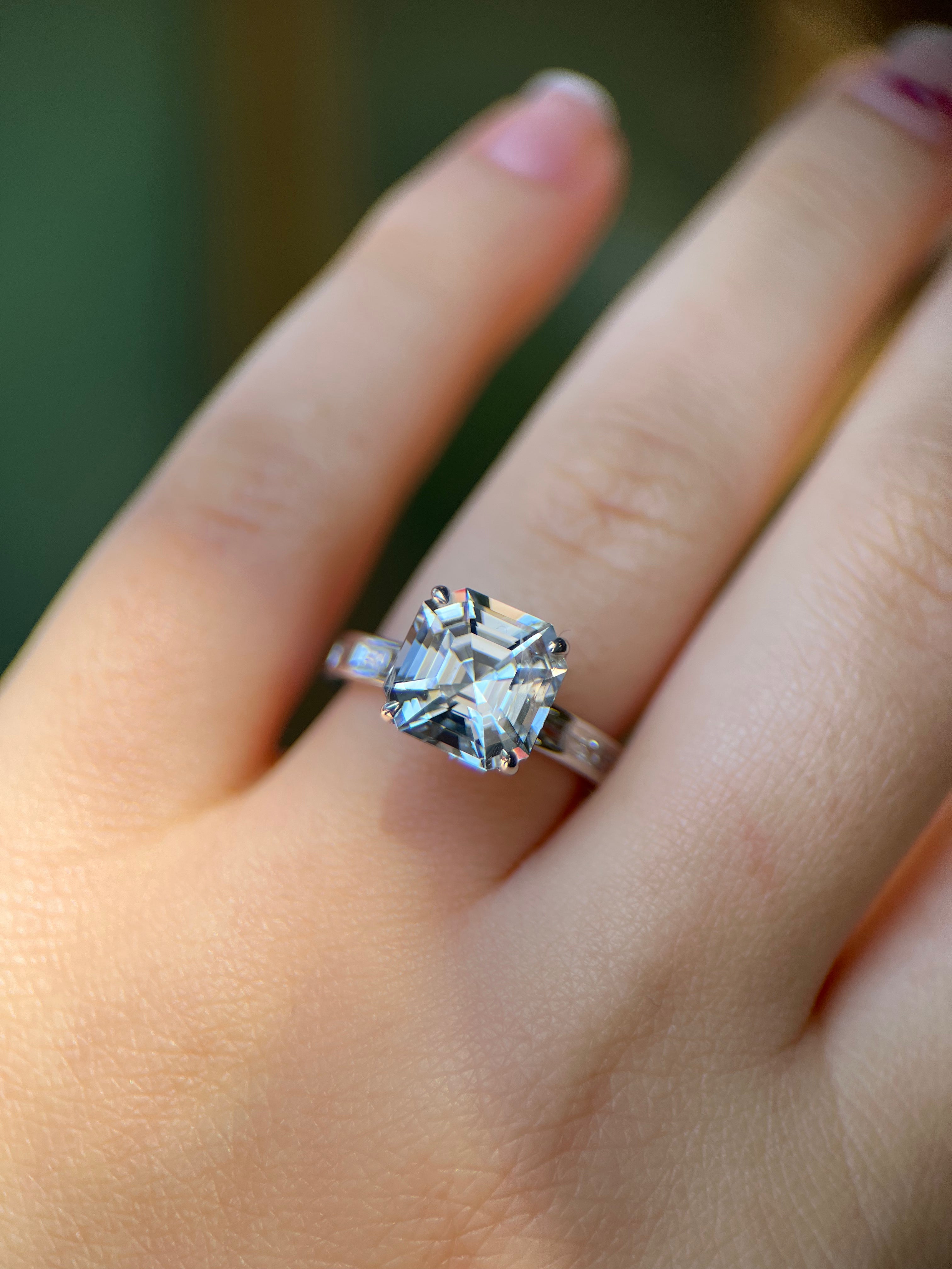 Asscher Cut Colorless Sapphire & Platinum Ring