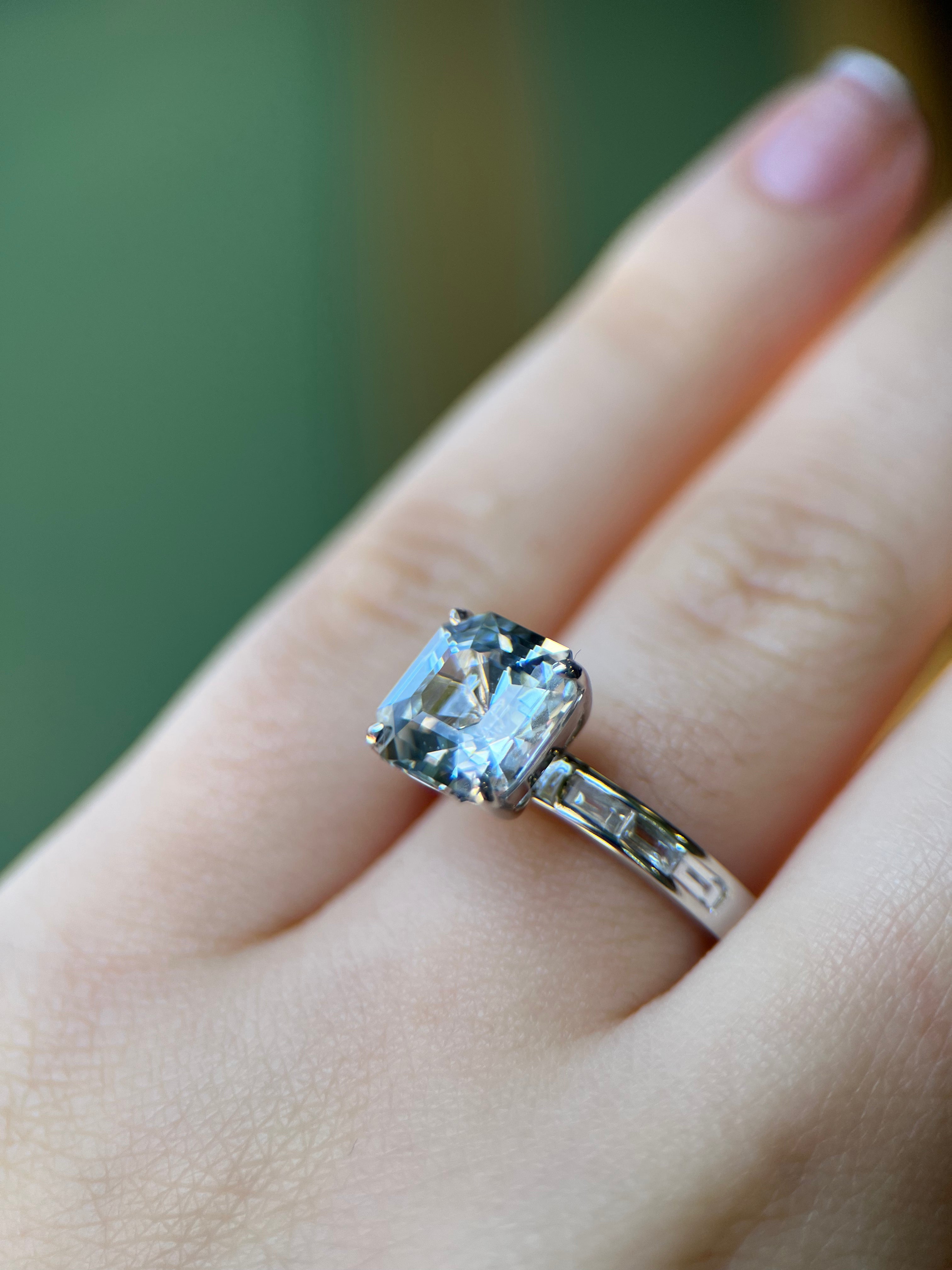 Asscher Cut Colorless Sapphire & Platinum Ring