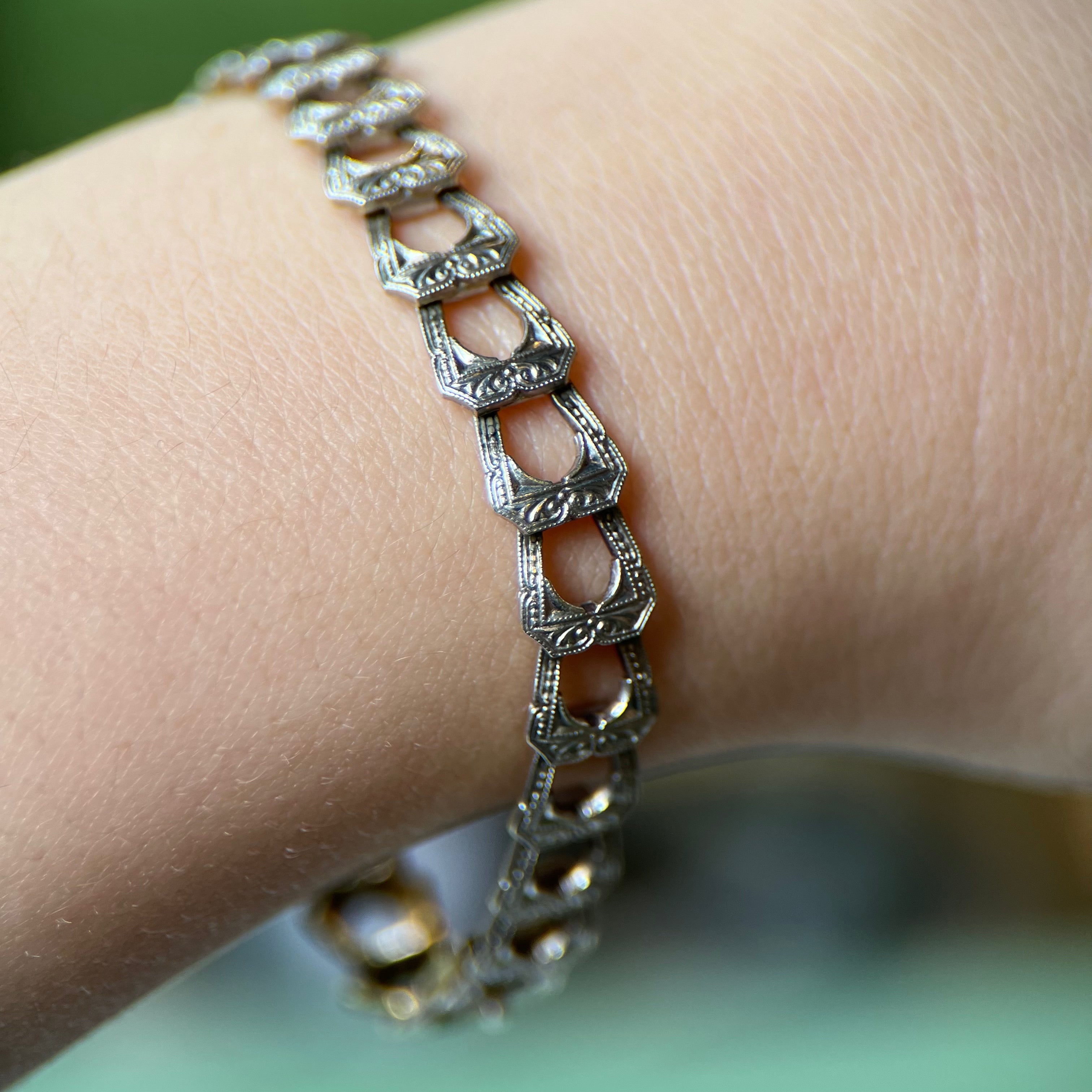 Art Deco Krementz Engraved Platinum & 14K Engraved Bracelet