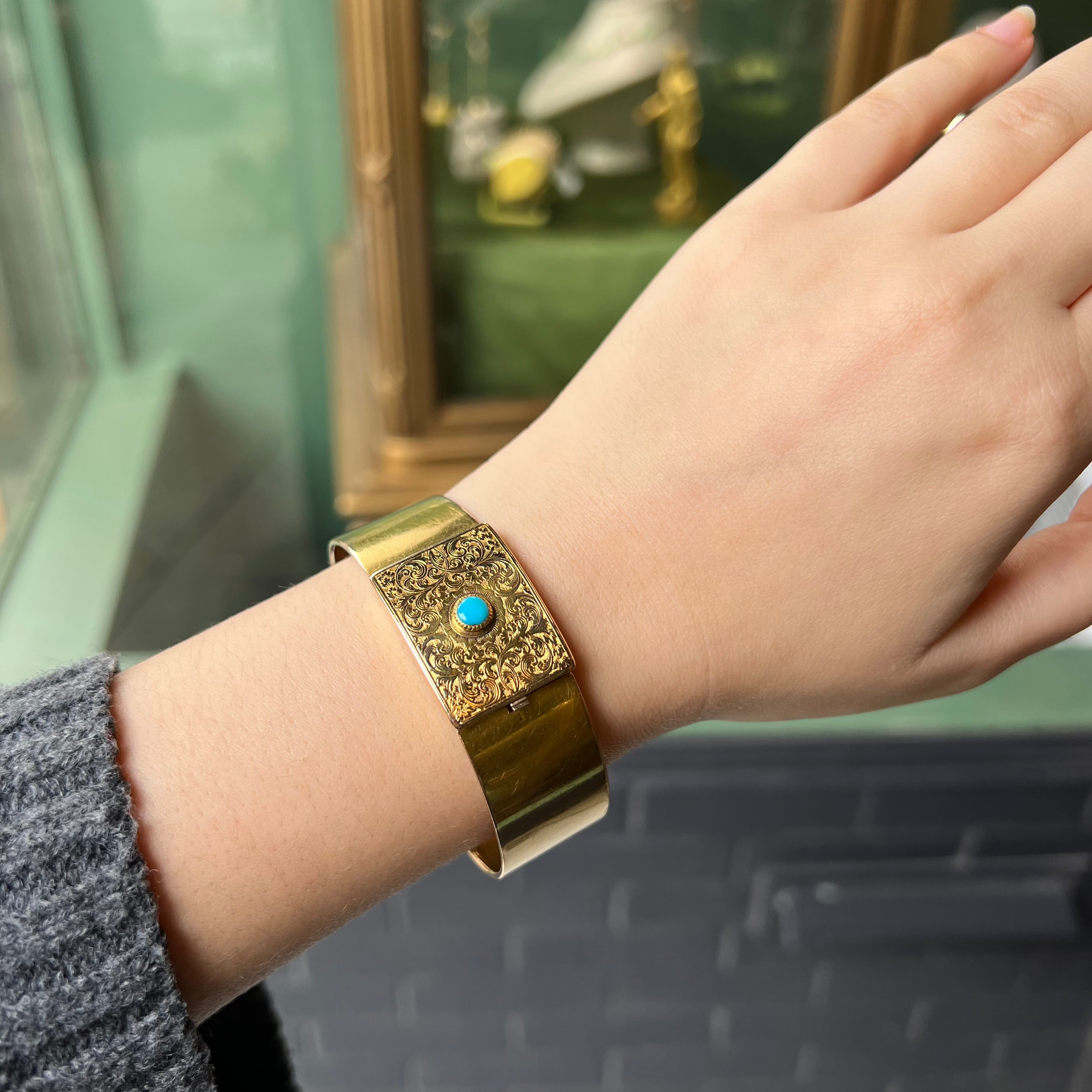 Victorian Turquoise Engraved Locket Bracelet