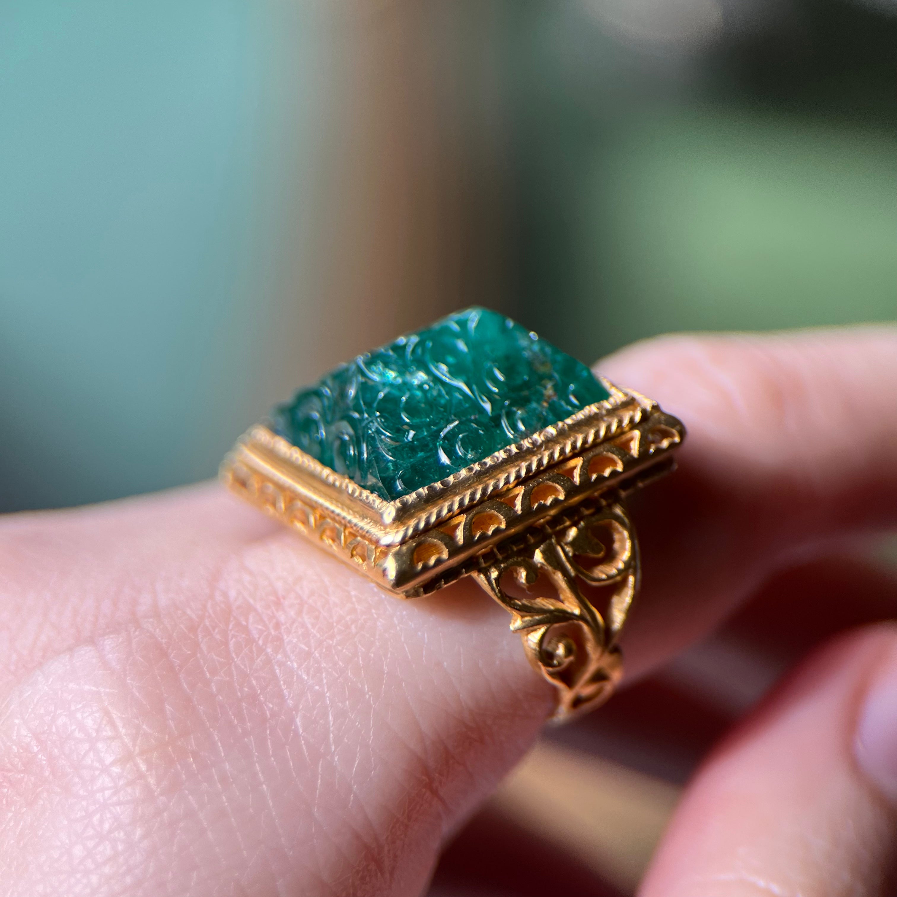 22K Carved Emerald Ring