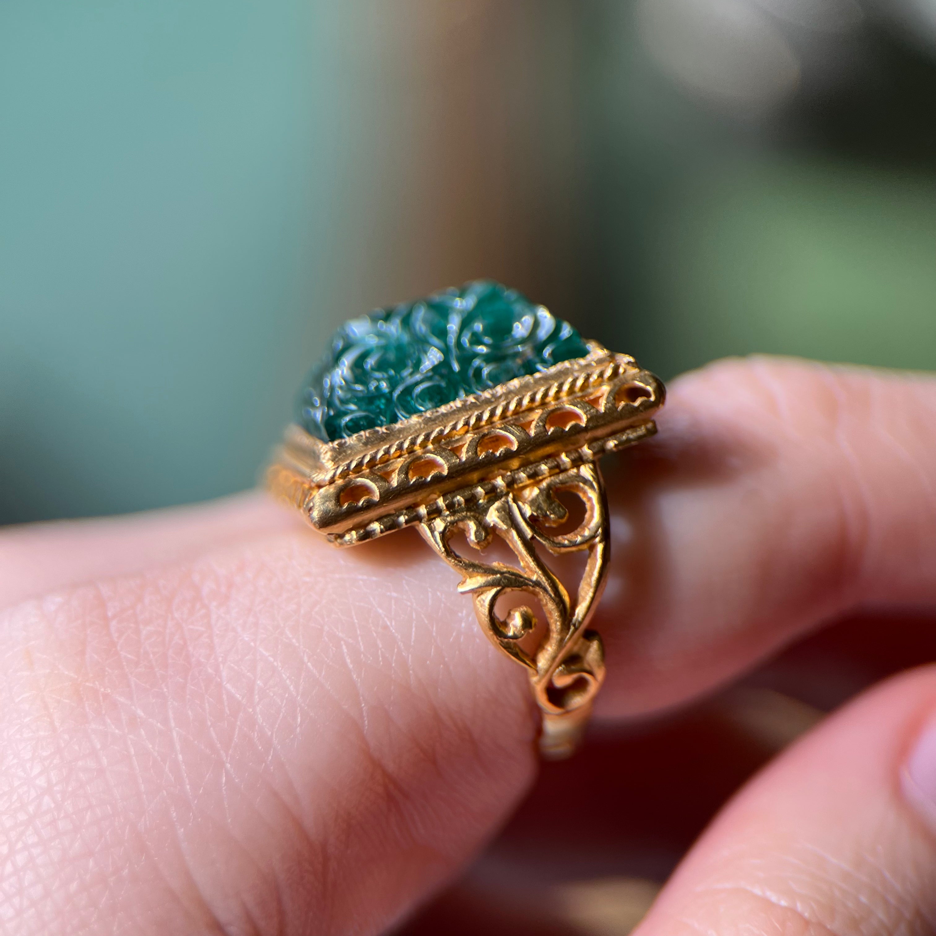 22K Carved Emerald Ring
