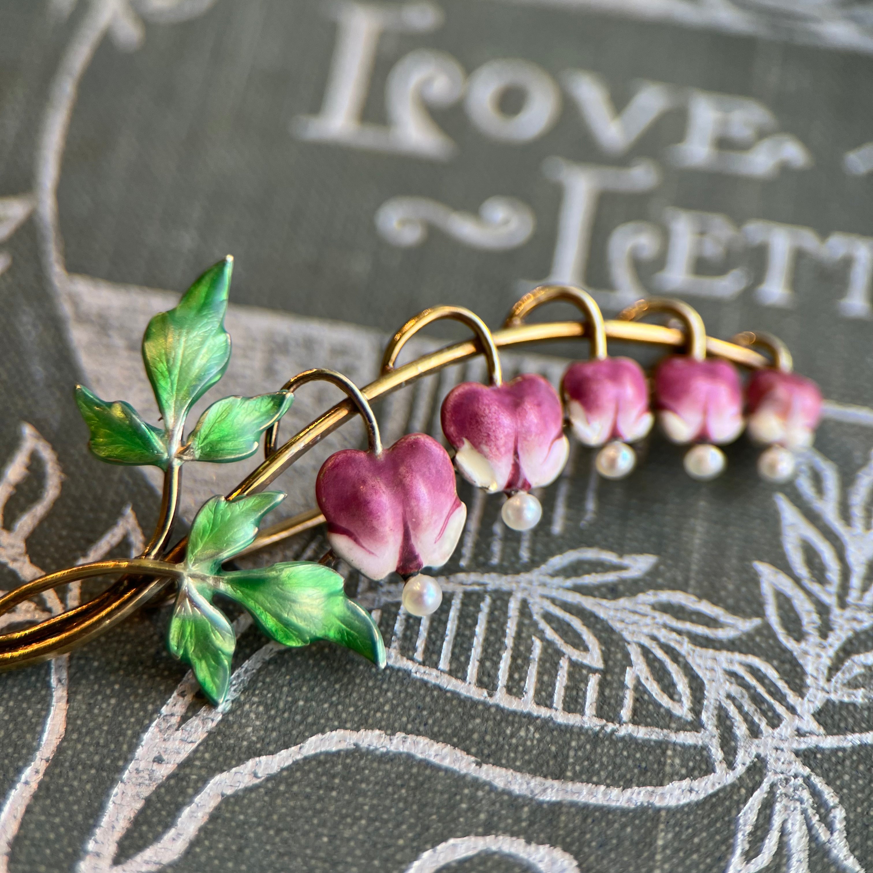 Art Nouveau Krementz Bleeding Hearts Floral Enamel Brooch