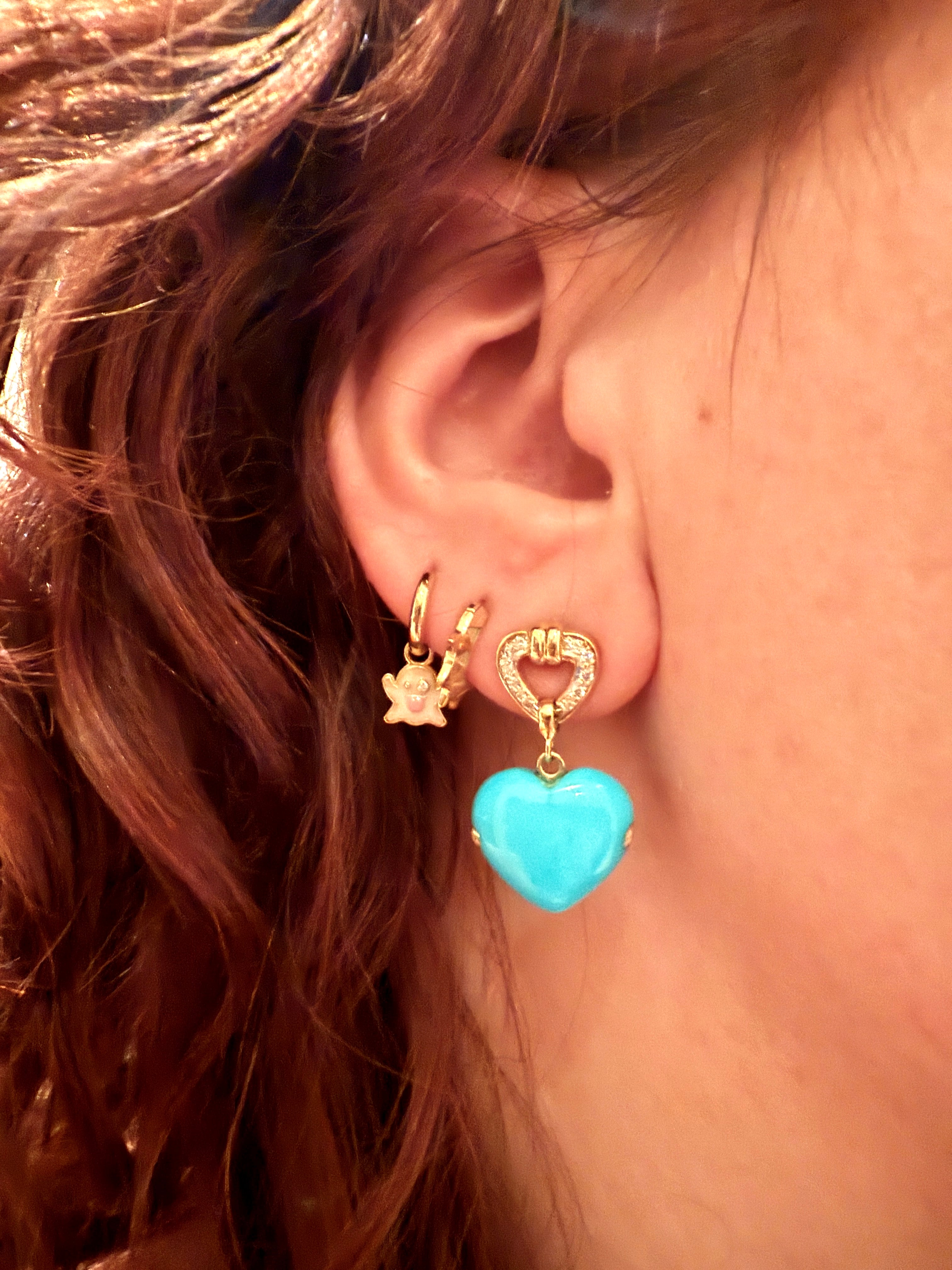 Vintage Turquoise & Diamond Heart 18K Earrings