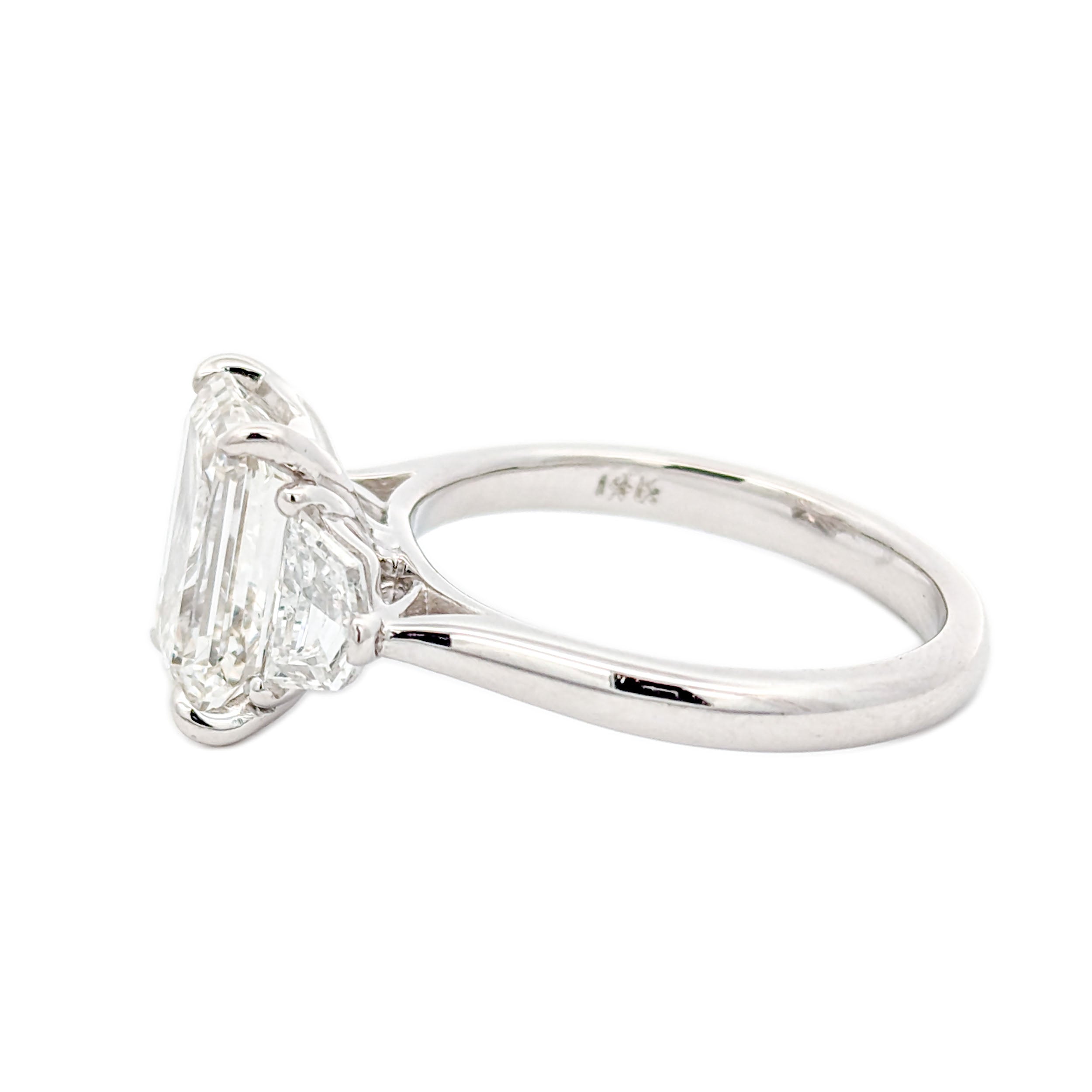 M & Co. 3 CT Emerald Cut with Epaulette Accents Three Stone Ring