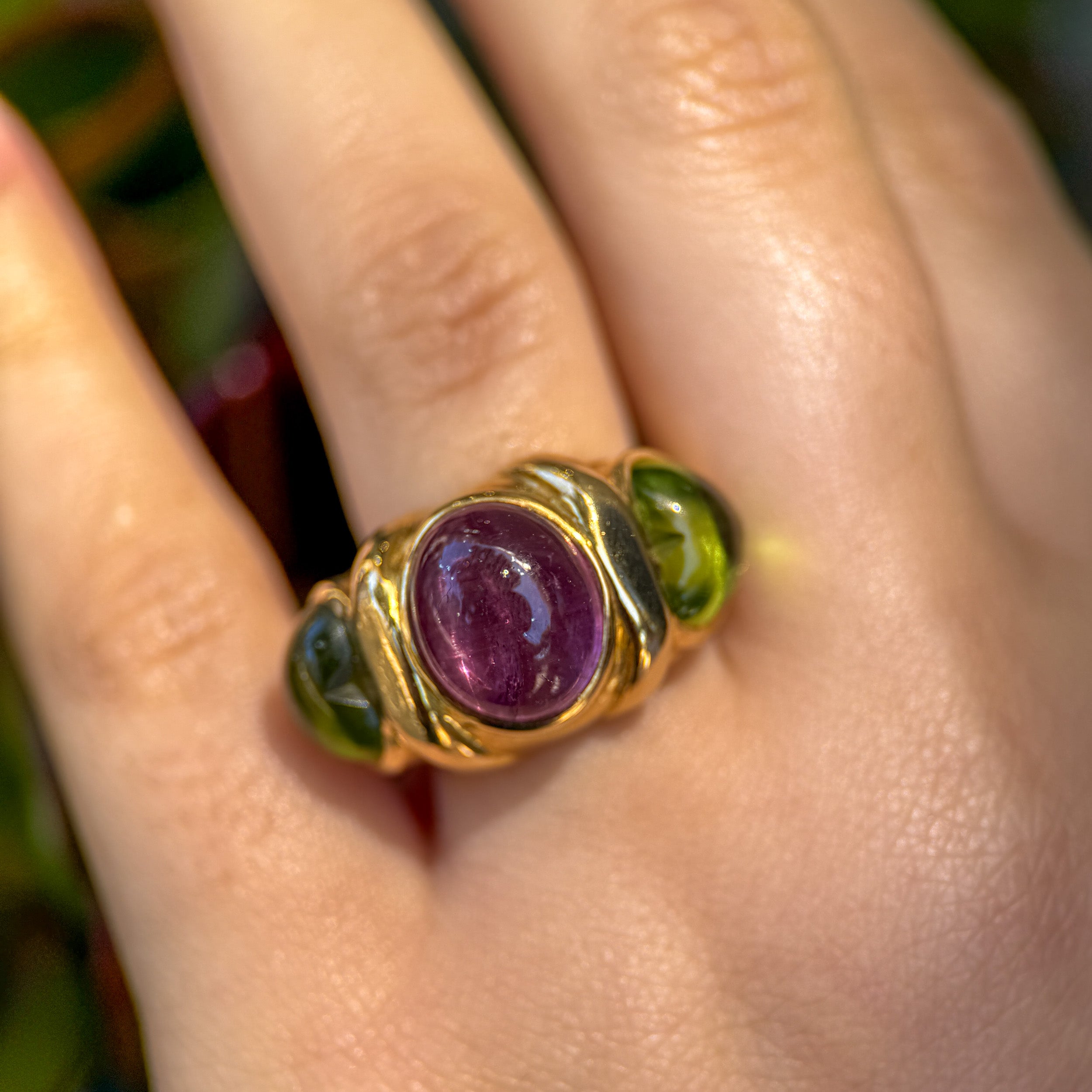 Vintage 18K French Pink Tourmaline & Peridot Ring