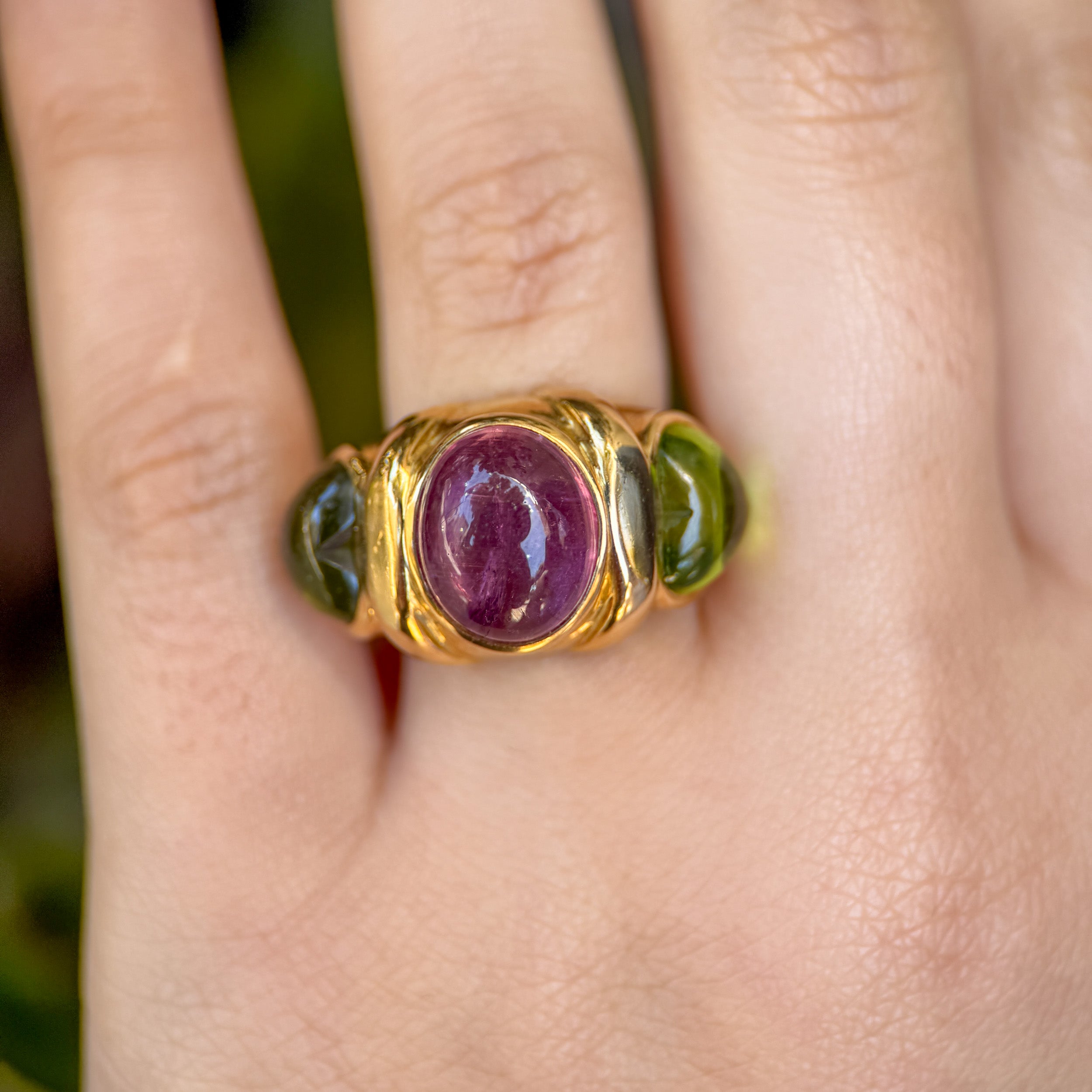 Vintage 18K French Pink Tourmaline & Peridot Ring