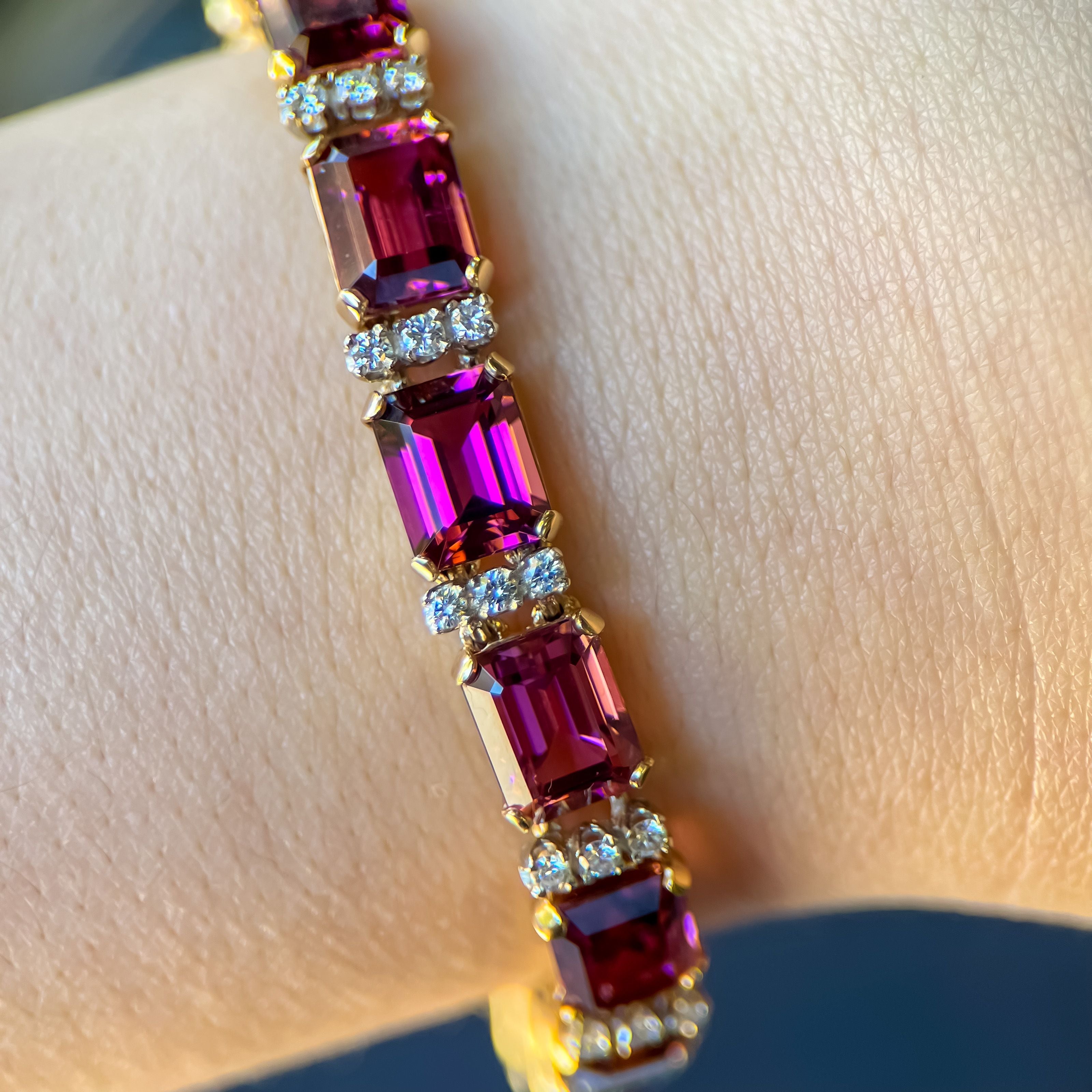 14K Yellow Gold Pink Tourmaline and Diamond Line Bracelet