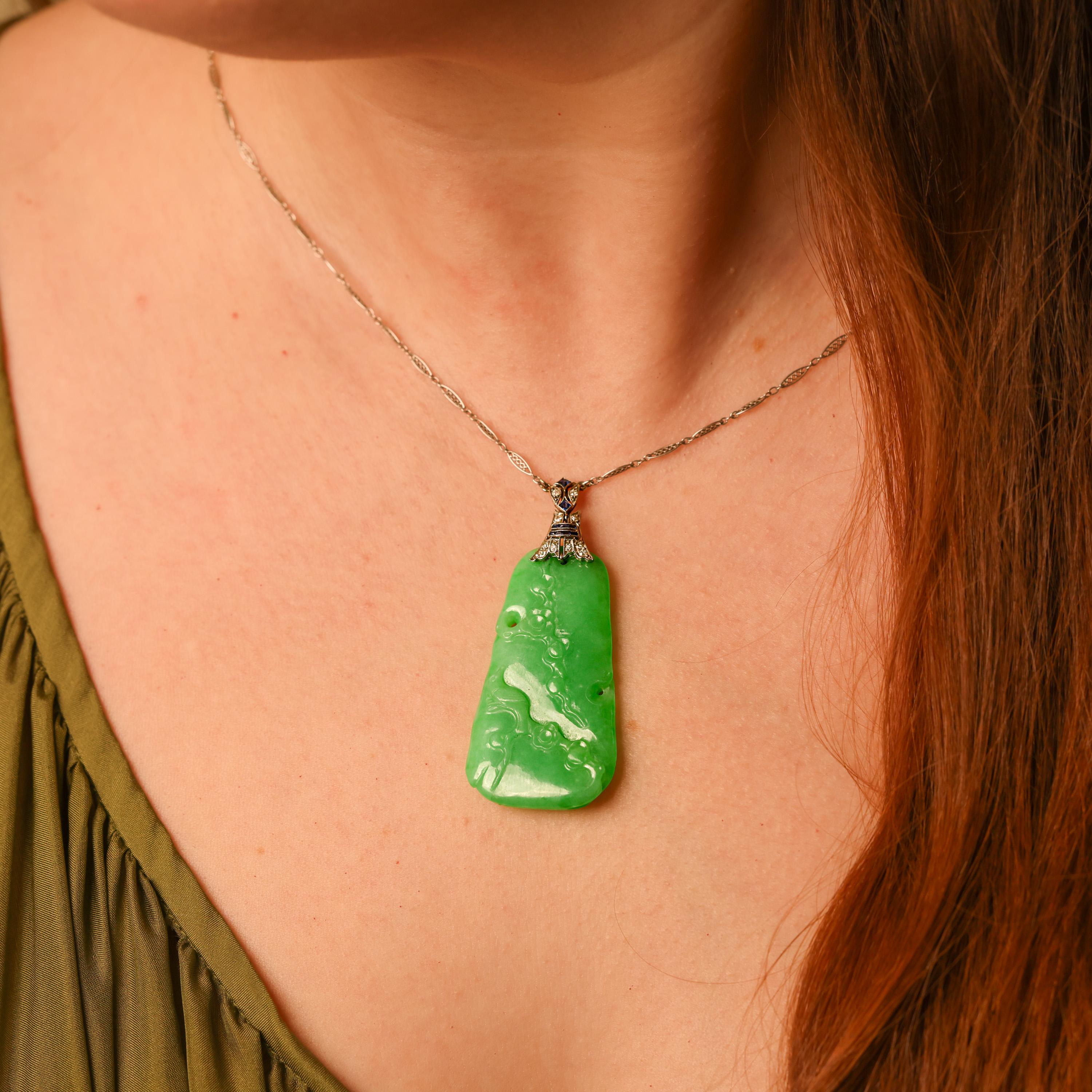 Art Deco Jade Platinum Pendant Necklace