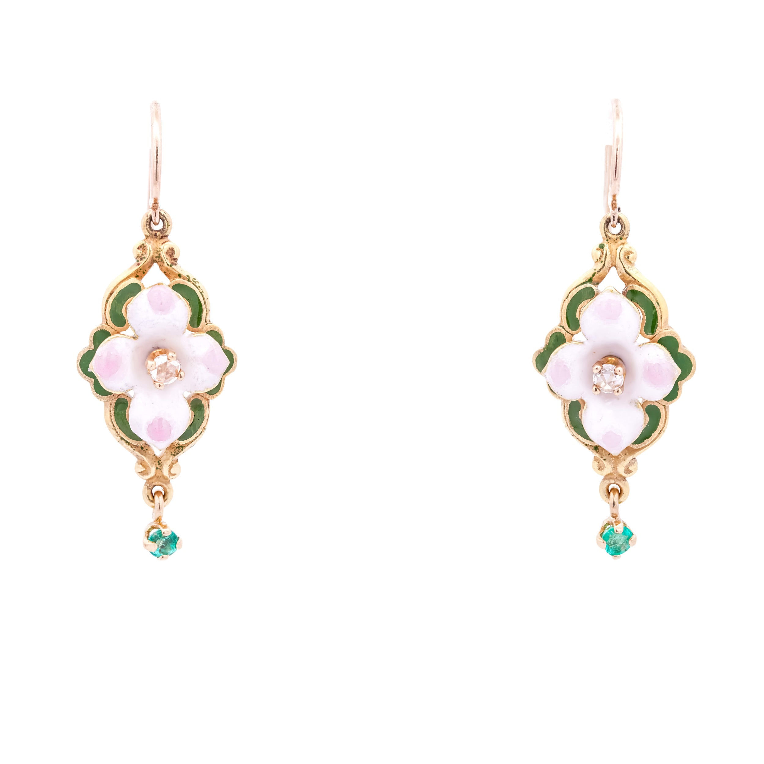 Victorian 18k Yellow Gold Enamel Diamond & Emerald Floral Earrings