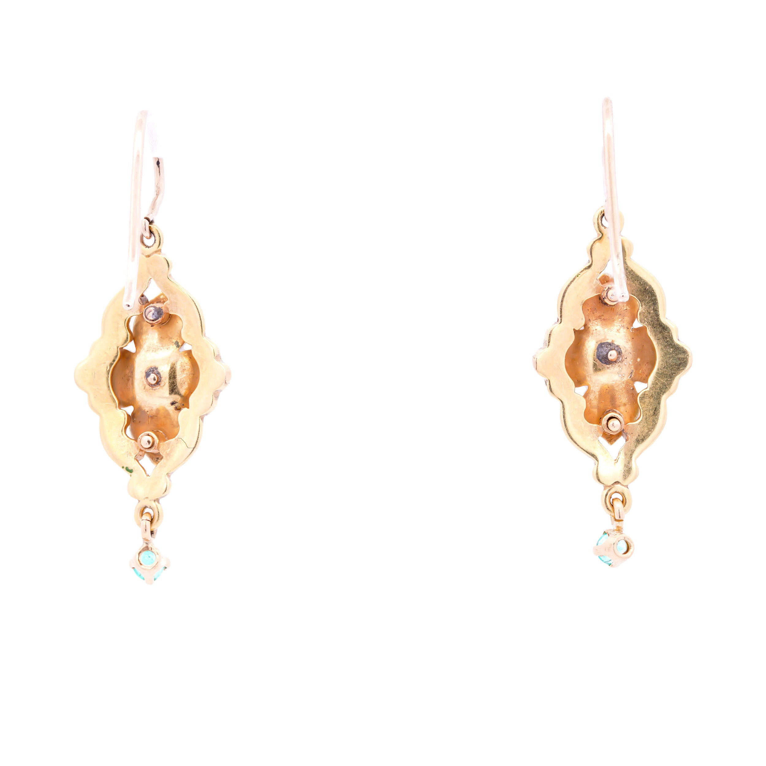Victorian 18k Yellow Gold Enamel Diamond & Emerald Floral Earrings