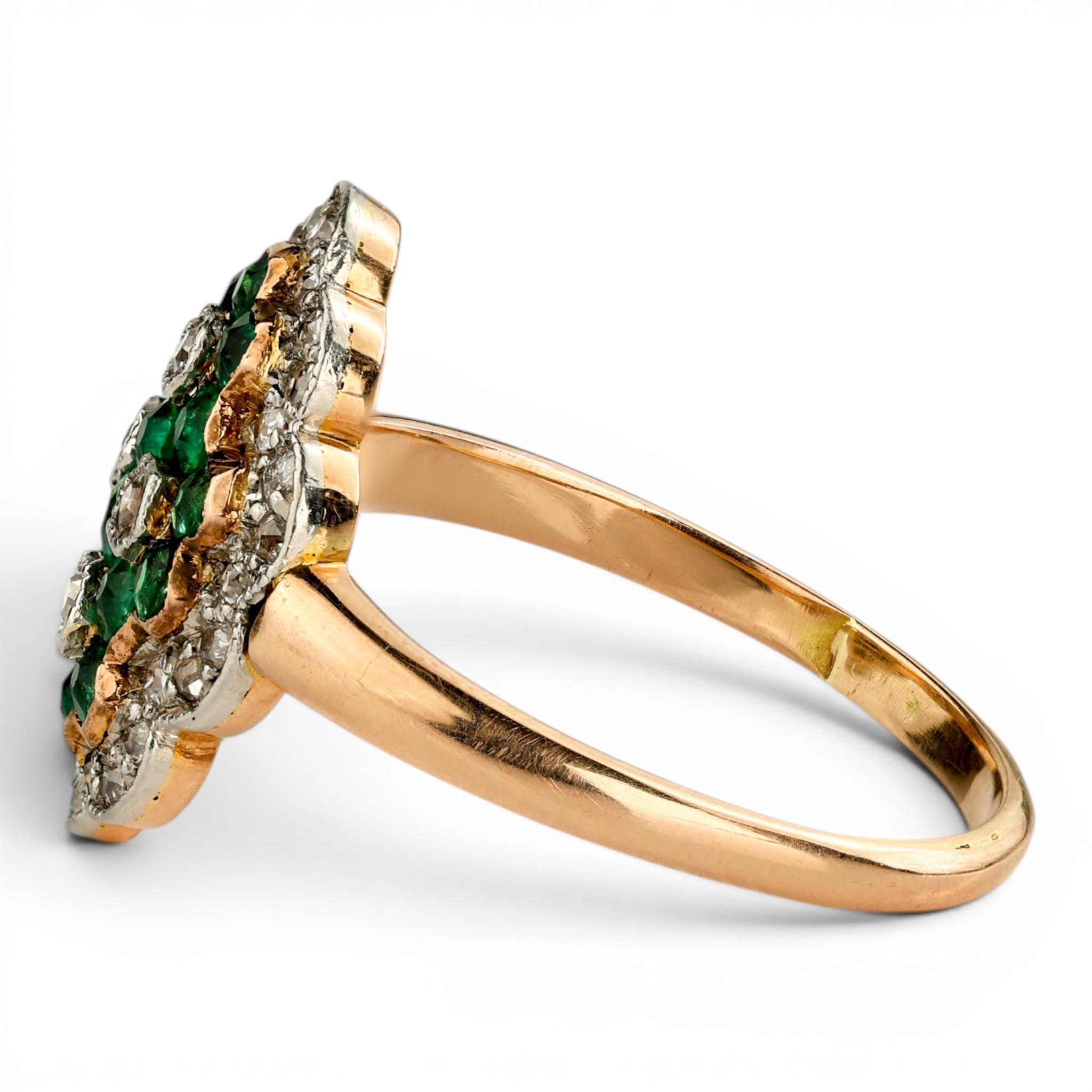 Edwardian Emerald & Diamond Navette Ring in 18k Gold & Platinum
