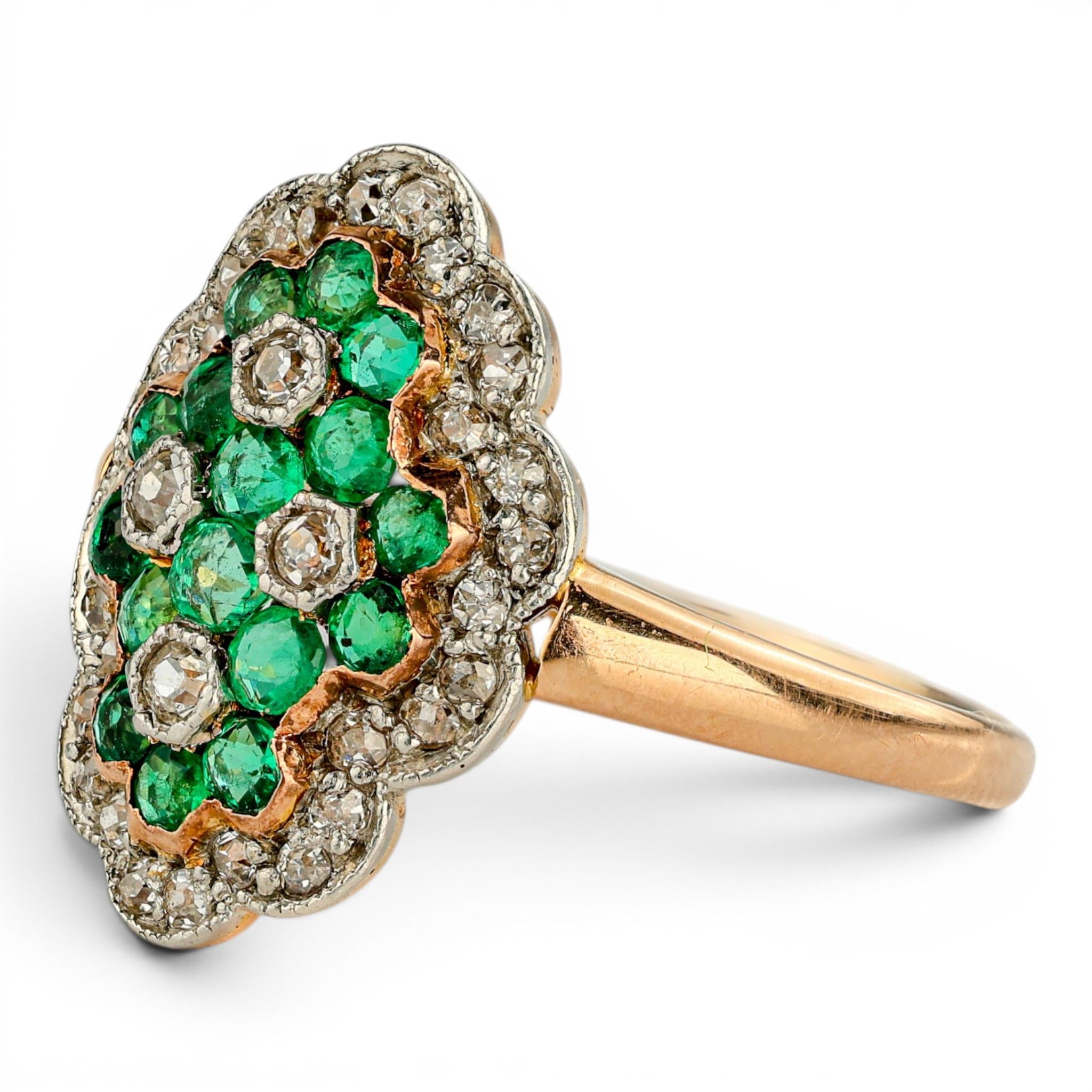 Edwardian Emerald & Diamond Navette Ring in 18k Gold & Platinum