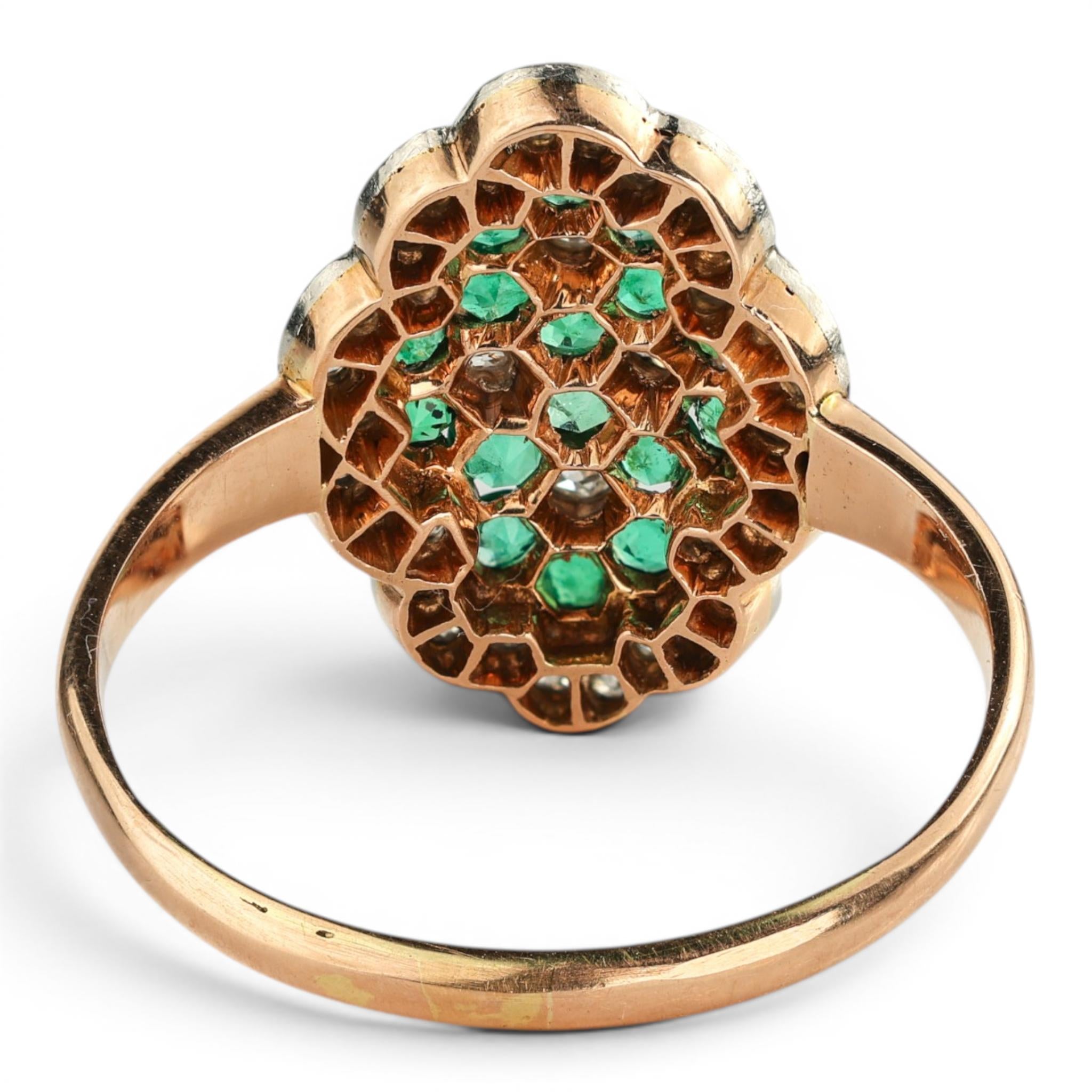 Edwardian Emerald & Diamond Navette Ring in 18k Gold & Platinum