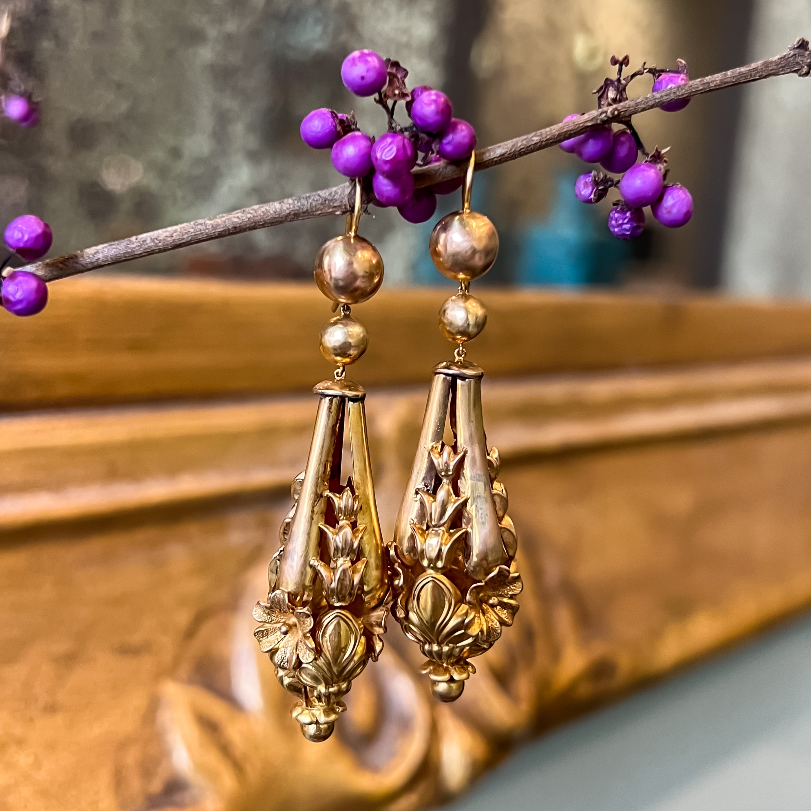 Victorian Etruscan Revival Floral Dangle Earrings