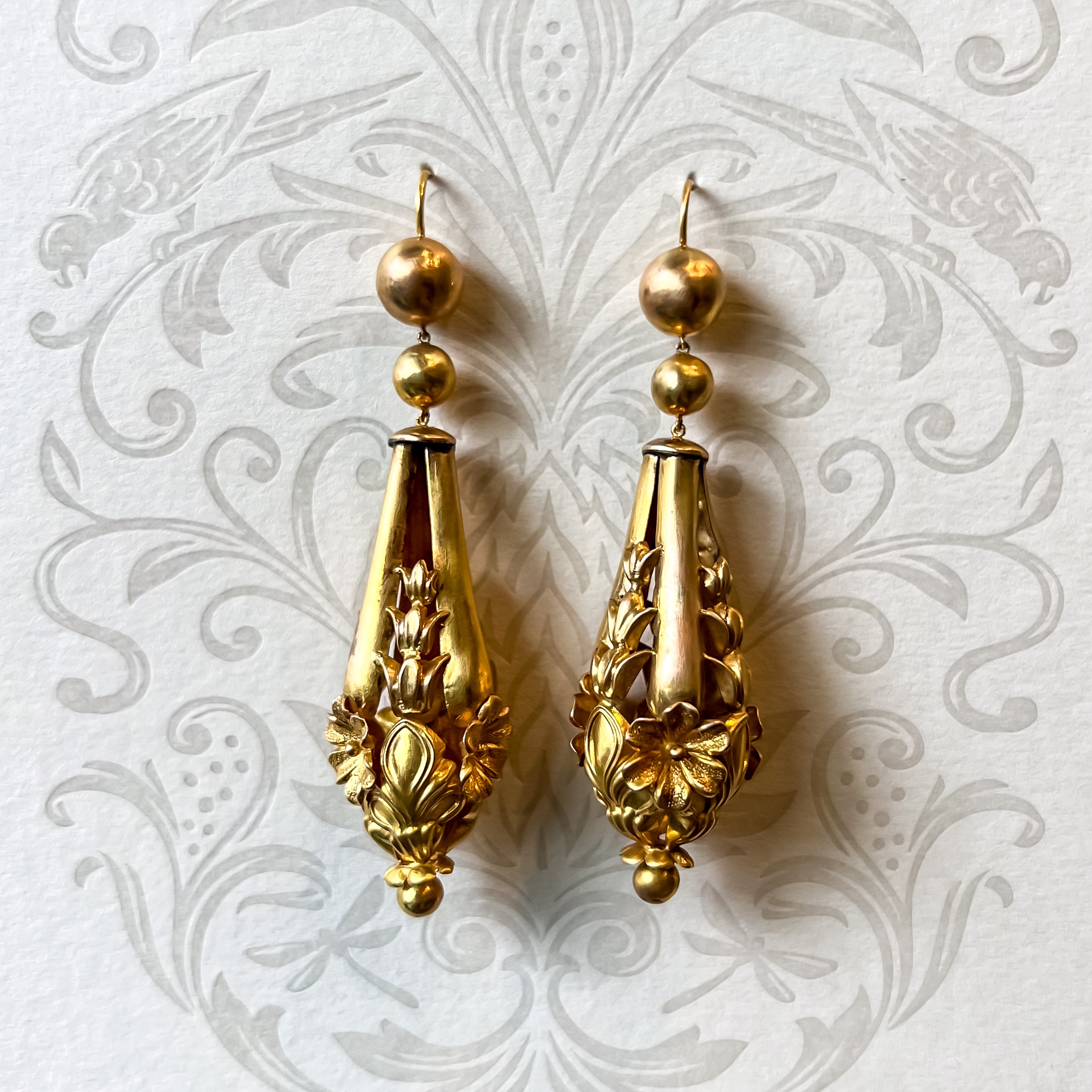 Victorian Etruscan Revival Floral Dangle Earrings