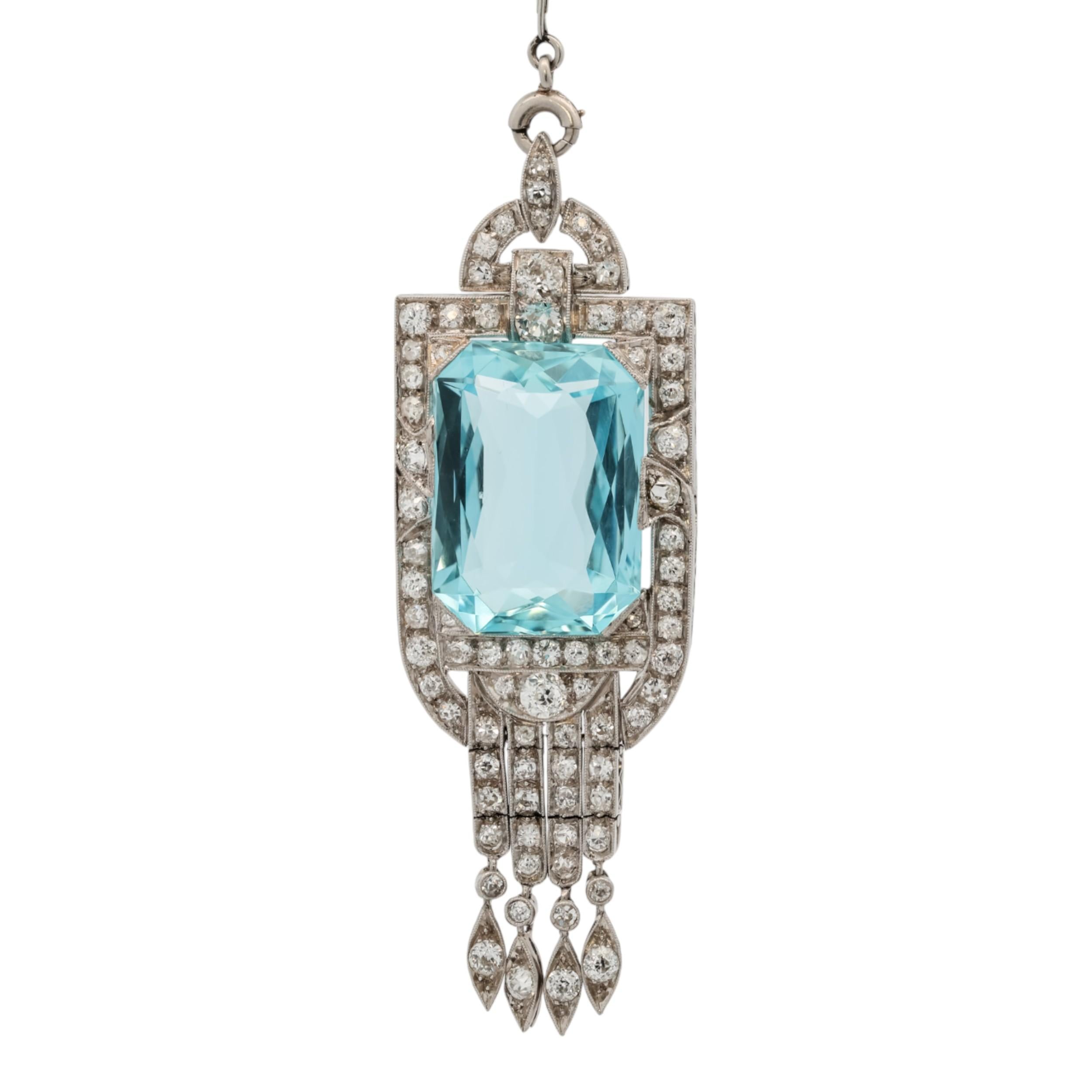 Art Deco Aquamarine Diamond Platinum Pendant