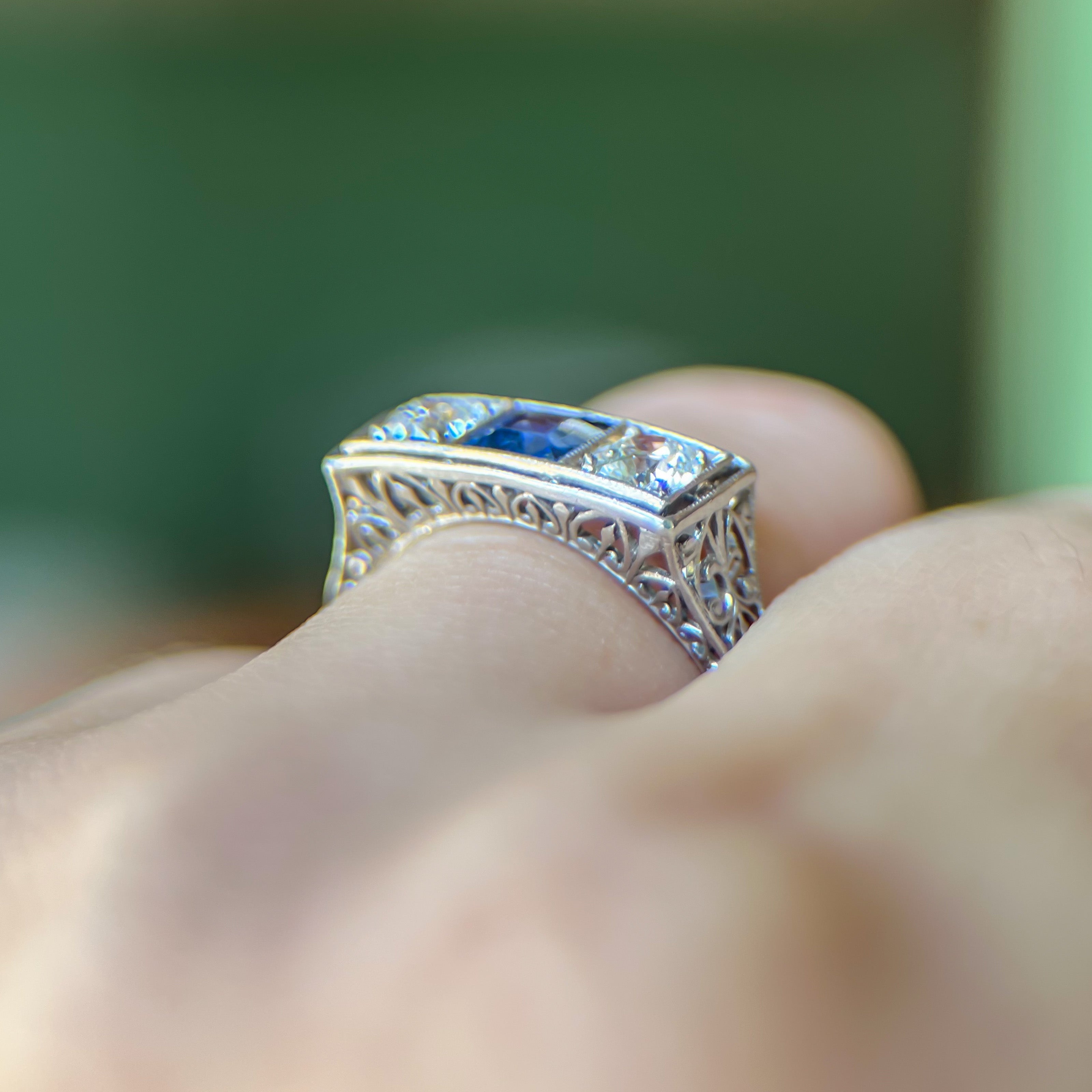 Edwardian Platinum Yogo Gulch Montana Sapphire & Diamond Engagement Ring