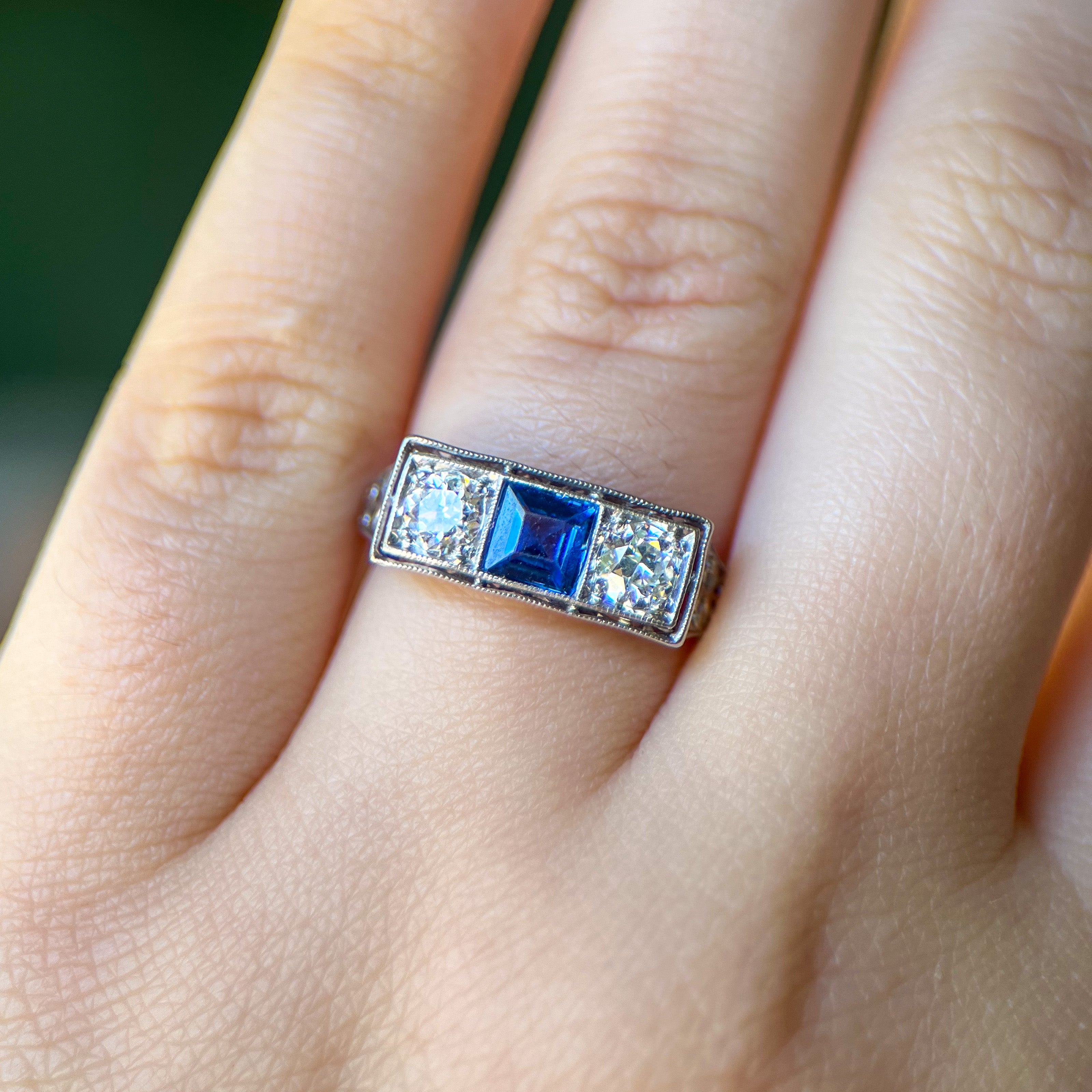 Edwardian Platinum Yogo Gulch Montana Sapphire & Diamond Engagement Ring