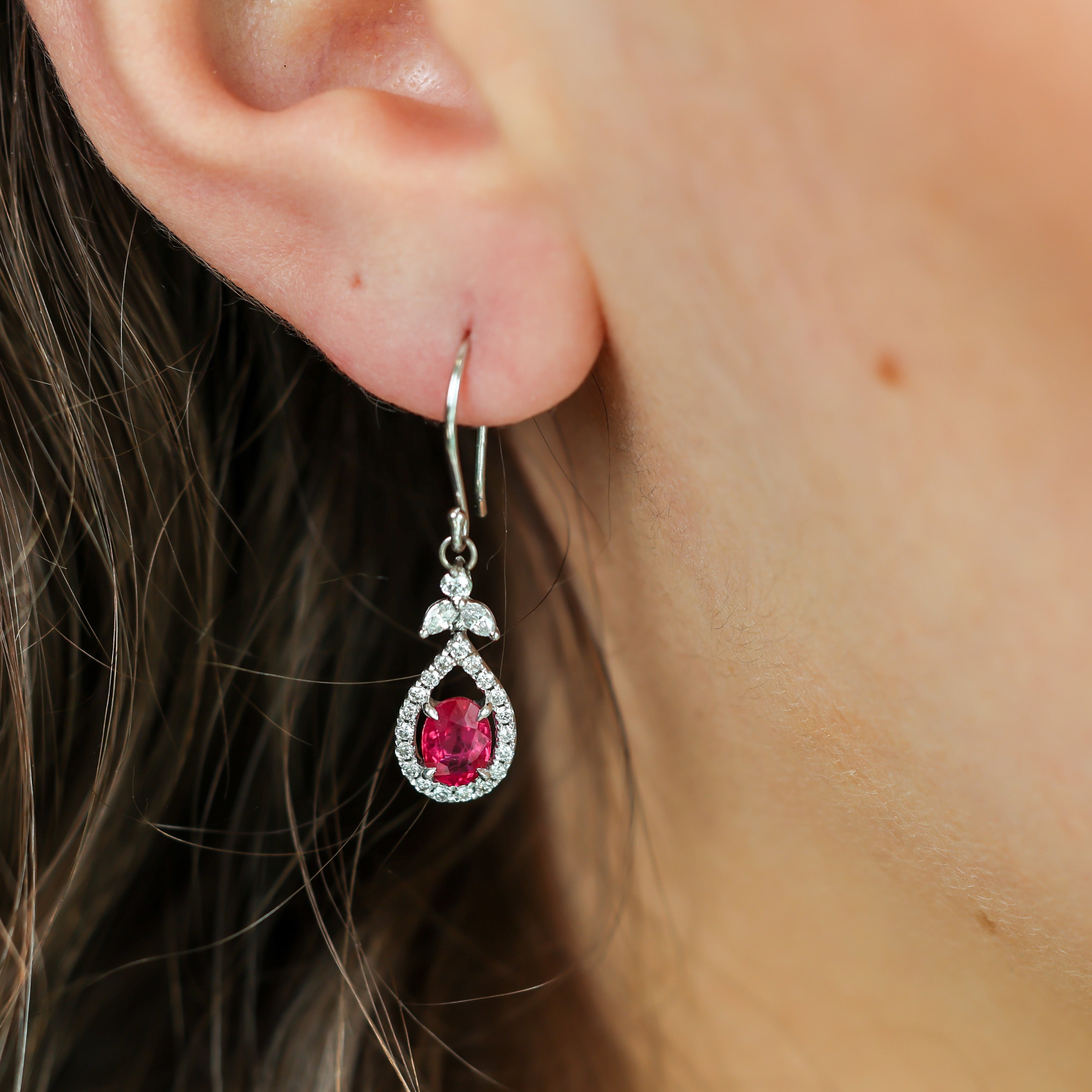 18K White Gold Natural Ruby & Diamond Drop Earrings