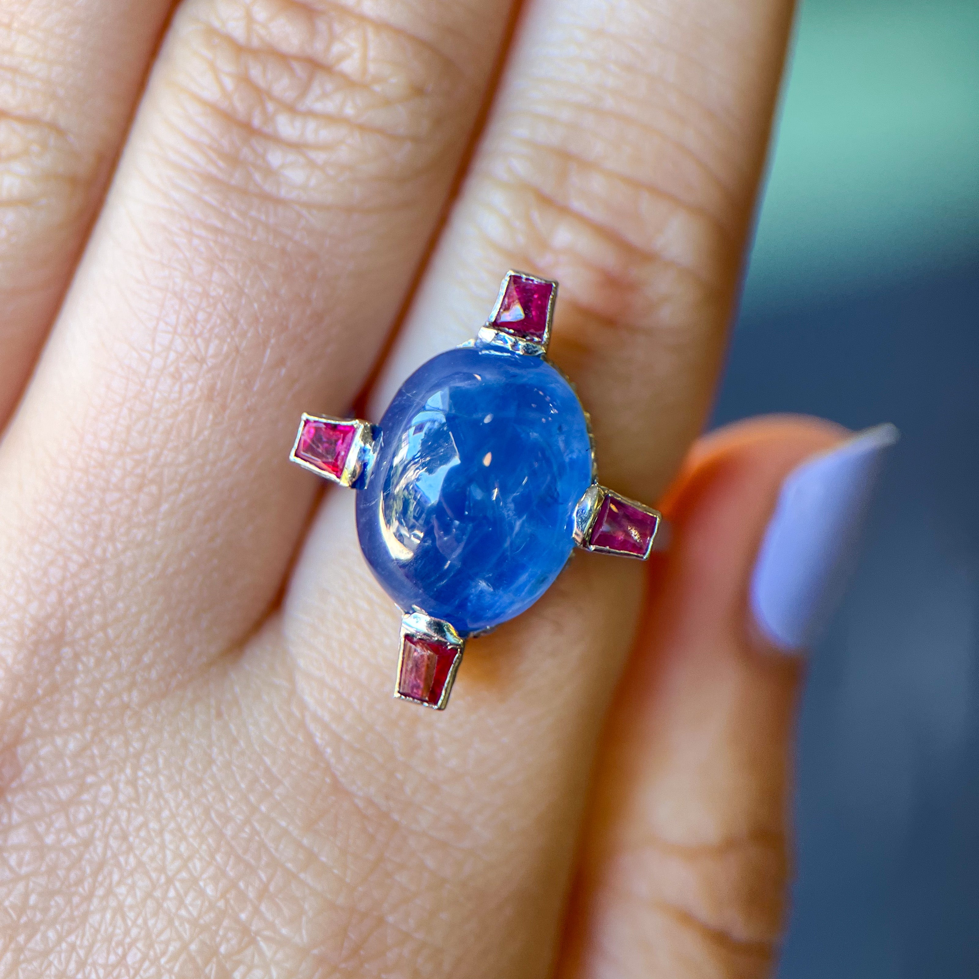 Art Deco Platinum Cabochon Sapphire, Ruby & Diamond Ring