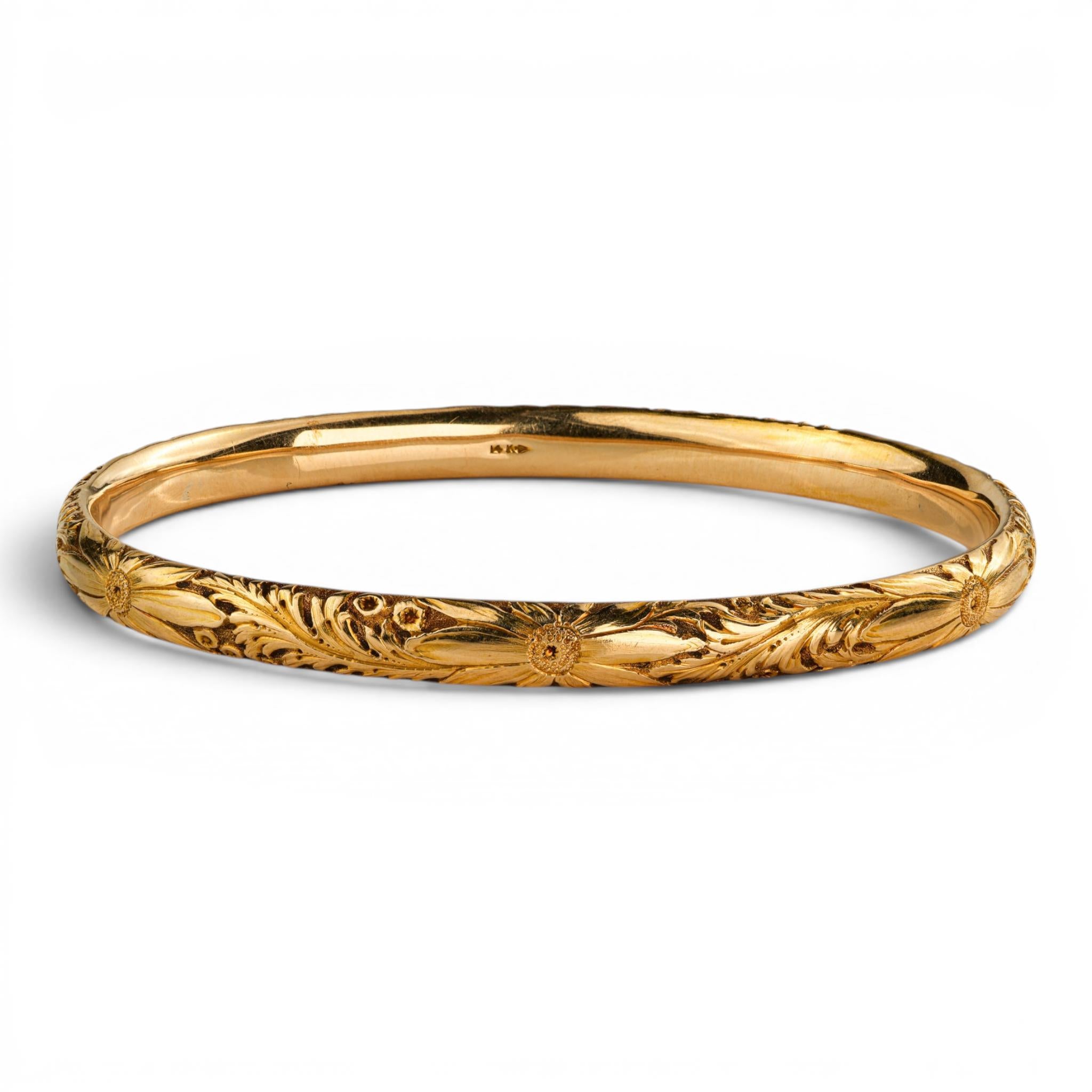 Art & Crafts 14k Gold Floral Bangle by Carter Gough & Co. 1910